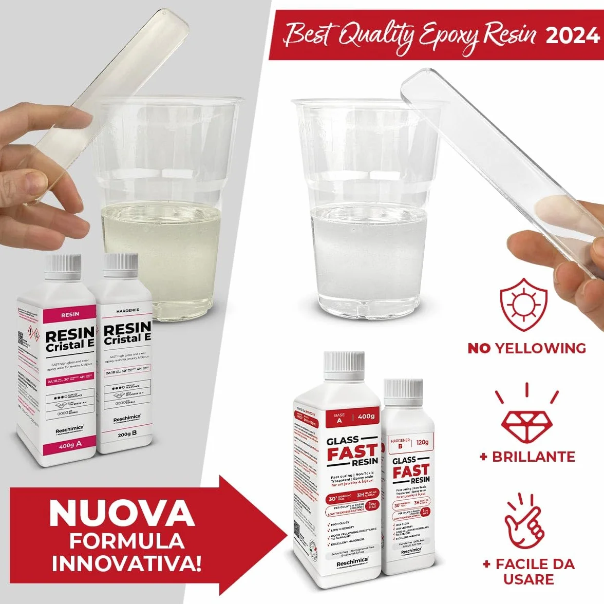 Resina trasparente rapida, effetto vetro - Ideale per gioielli, finiture e decorazioni fai-da-te, DIY. Resina liquida colorabile e facile da usare - Glass Fast Resin (520 gr)