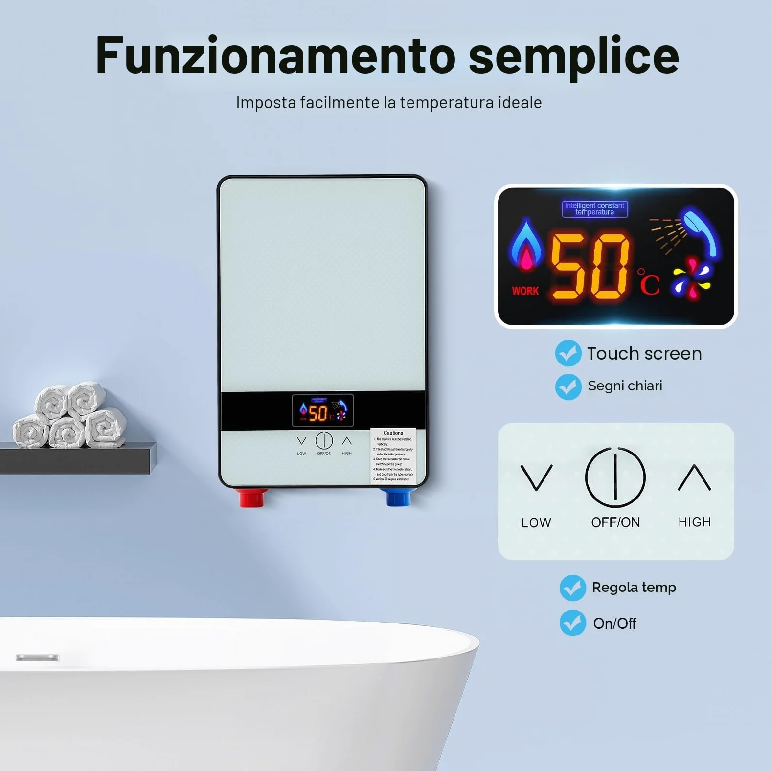 Scaldabagno Elettrico Istantaneo, Scaldabagno Istantaneo per Doccia del Bagno con Touchscreen LED, Mini Scaldacqua Istantaneo con Set Doccia per Cucina, Bagno