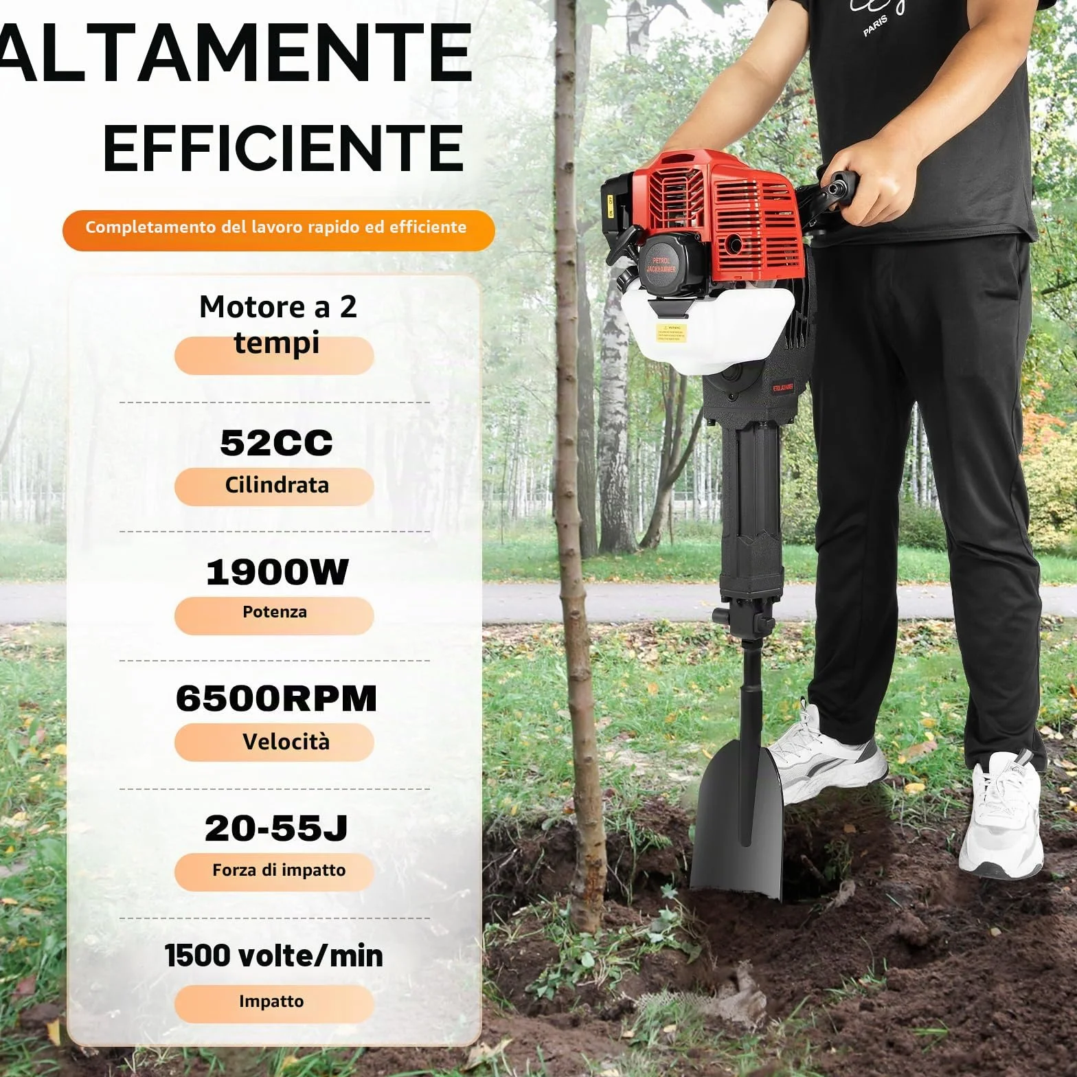 Martello demolitore 52CC 2 tempi benzina 55J 6500 rpm pala vanga da giardino