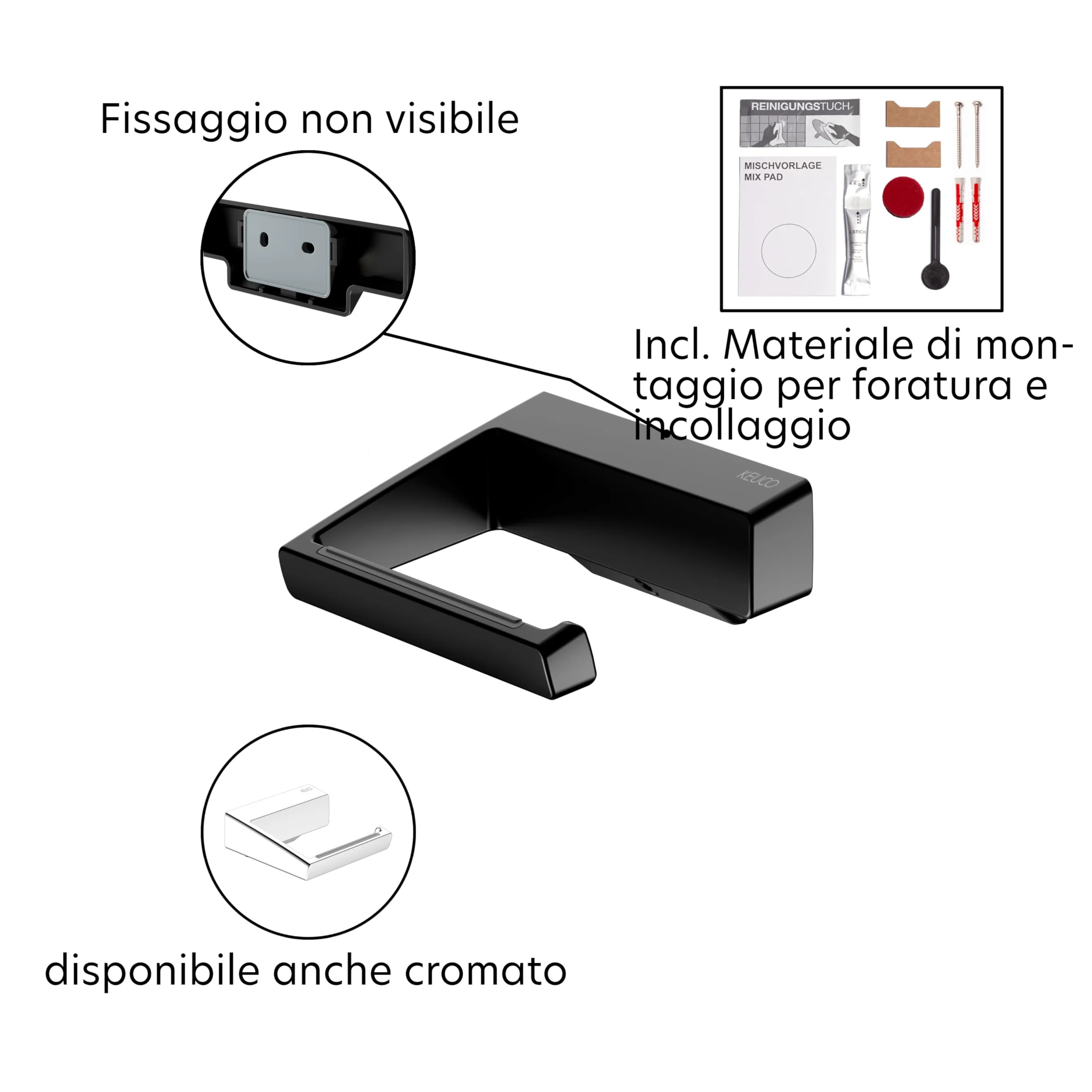 Keuco Rose Portarotolo, forma aperta, rigido, senza foro, nero | Made in Germany, incl. set di incollaggio e set di viti, supporto per carta igienica da incollare o avvitare