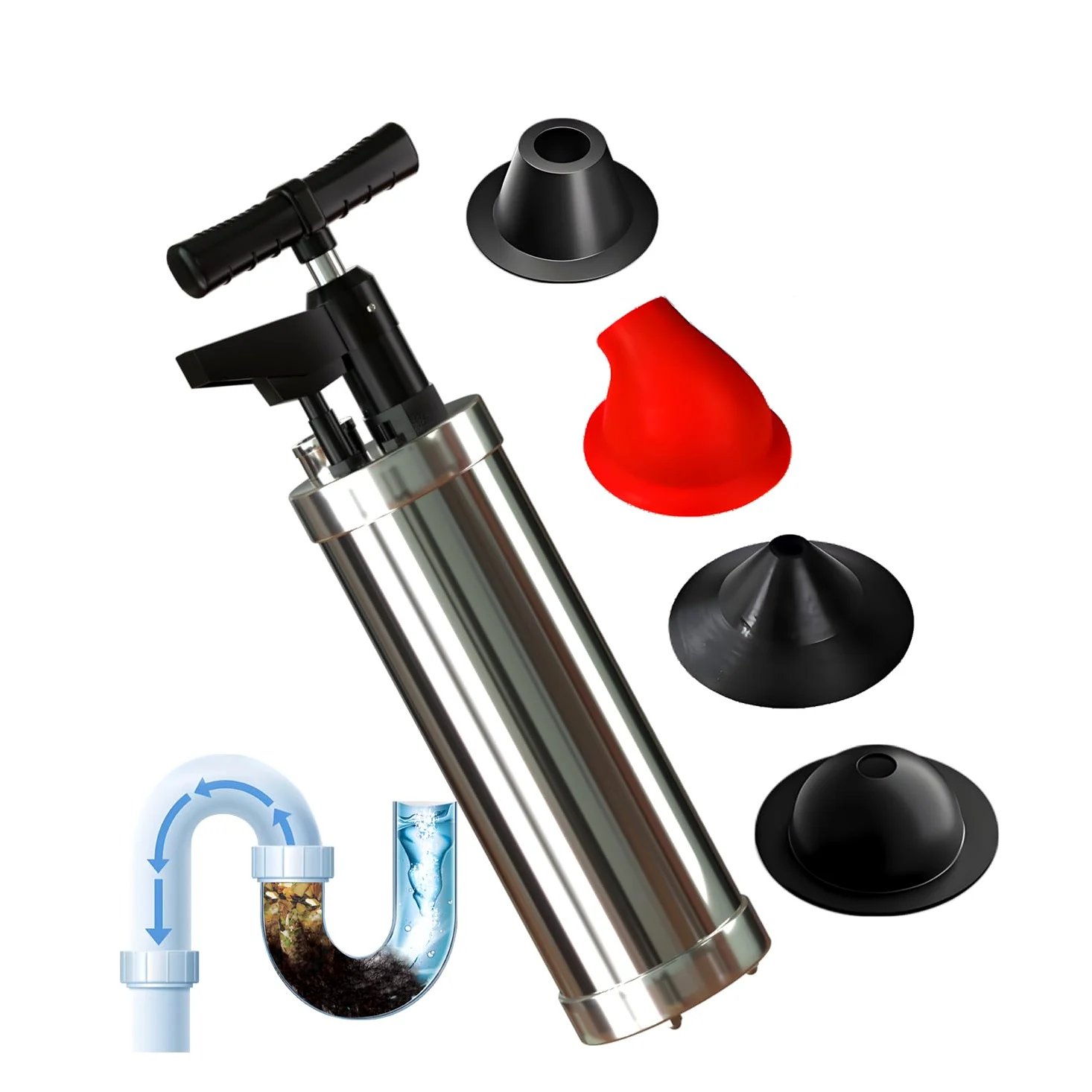 Pompa Stura scarichi a Pressione Stantuffo per WC Sturalavandini a Pressione Sturatubi ad Aria Compressa 4 in 1 Stura WC con 4 Teste Sostituibili, Barometro, per Disintasare WC