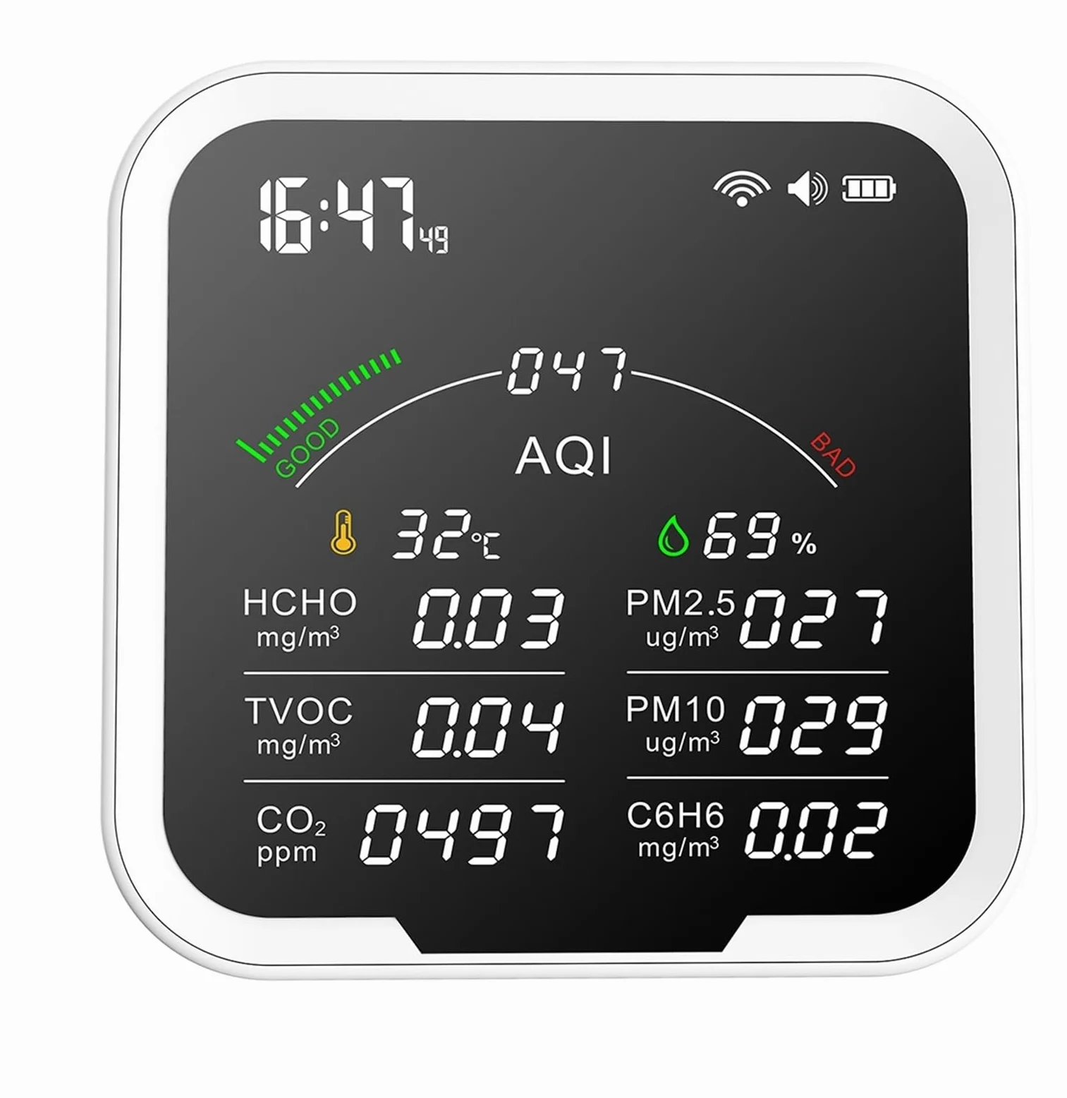 Misuratore di qualità 'aria portatile HCHO/TVOC/CO2/PM2.5/PM10/AQI/C6H6 Tester umidità a temperatura Rilevatore anidride carbonica con schermo da 4.8 pollici,Alta Precisione