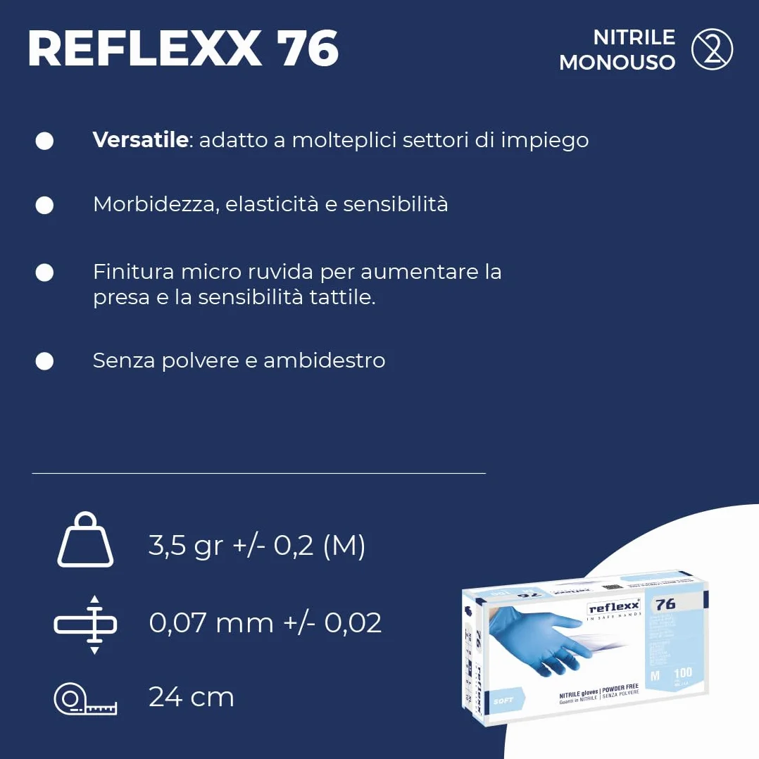 Reflexx R76/Xl Guanti in Nitrile senza Polvere 3.5 gr, Taglia XL, 100 Pezzi, Azzurro
