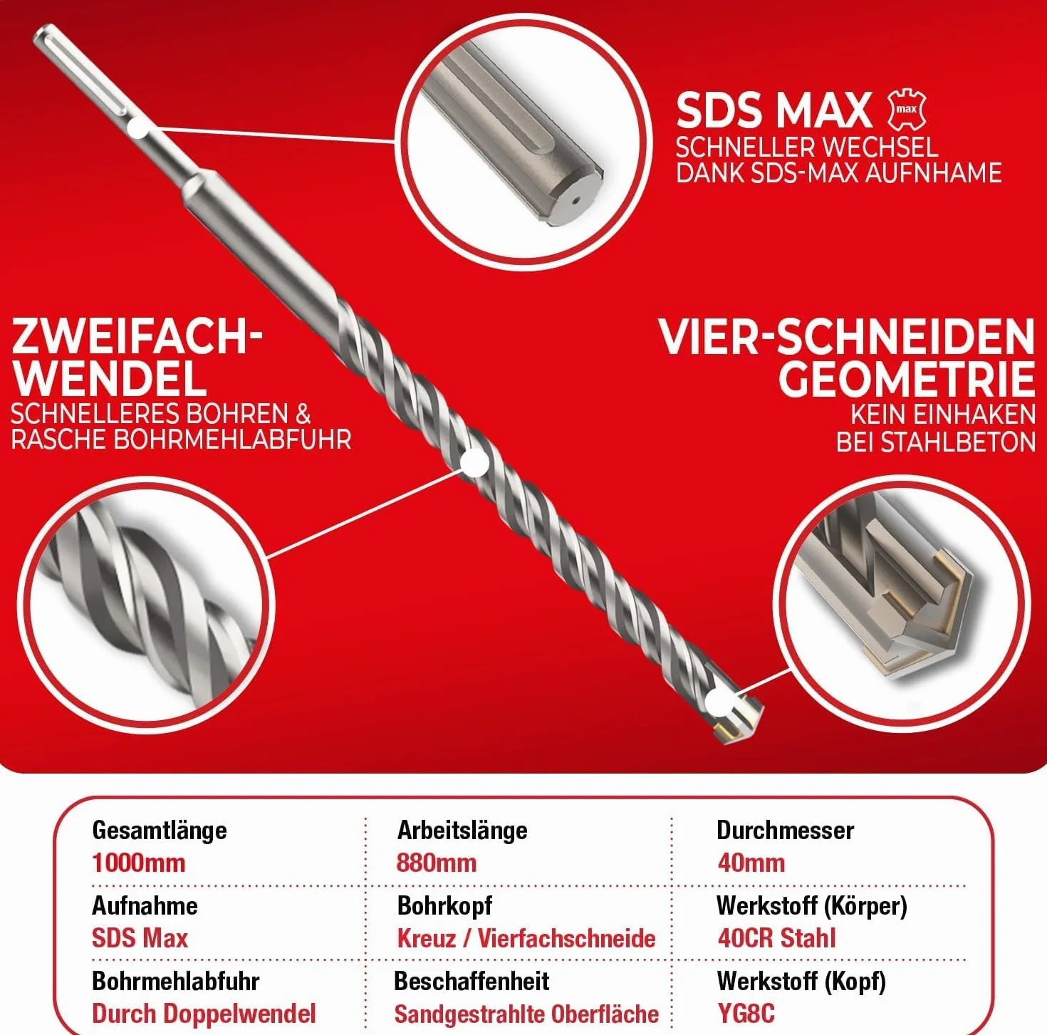 SCHWABENBACH Punta SDS Max 40mm x 880 x 1000 Calcestruzzo Cemento Armato