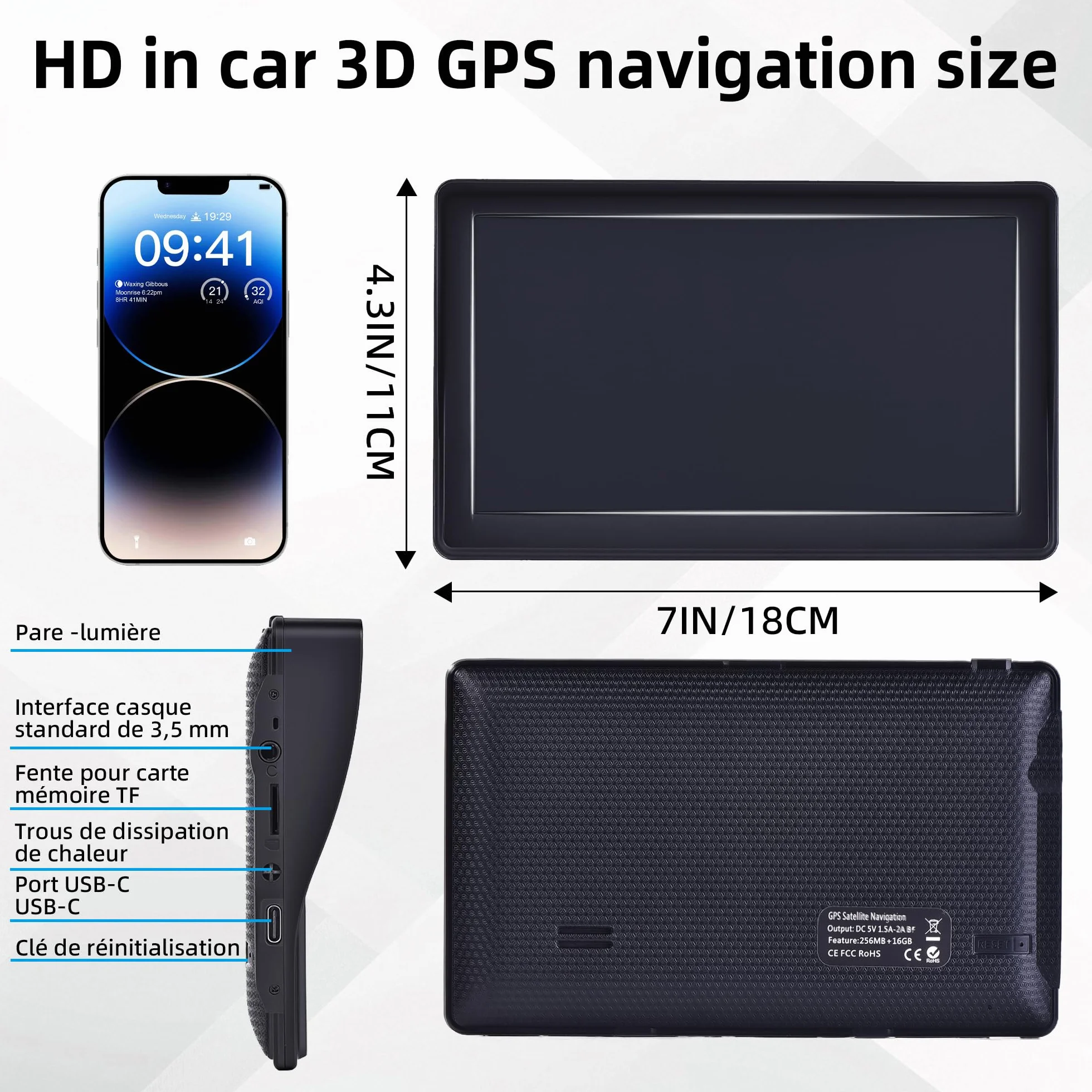 GPS Auto, Mappa dell'Europa 2025, 7 Pollici/18 CM, Navigazione Offline, Aggiornamenti gratuiti, Voci reali, Avviso Velocità & Poi, Francese Regolabile, per GPS Pesi Pesanti/Camping-Car/Camion,3D