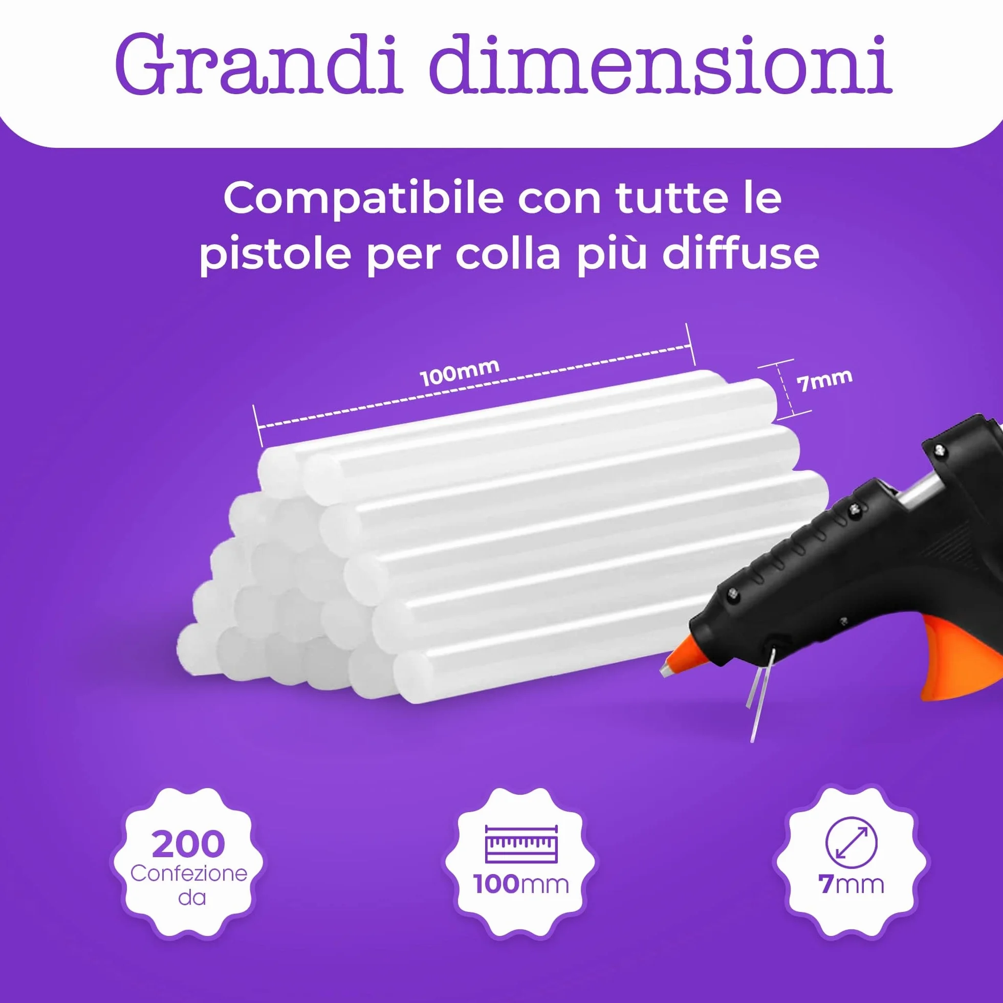 Artellius Mini Stick Colla a Caldo 7 mm 200 Pezzi Ricariche 7mm x 100 mm Compatibili Pistole