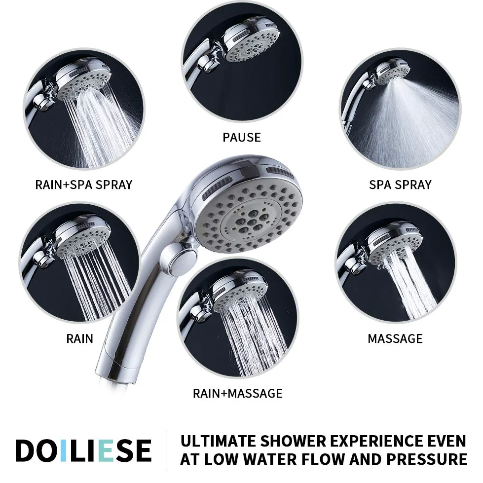 Soffione doccia ad alta pressione con 6 impostazioni, con interruttore ON/OFF e modalità di spruzzatura come in spa, soffioni doccia con spray portatile ad alta pressione