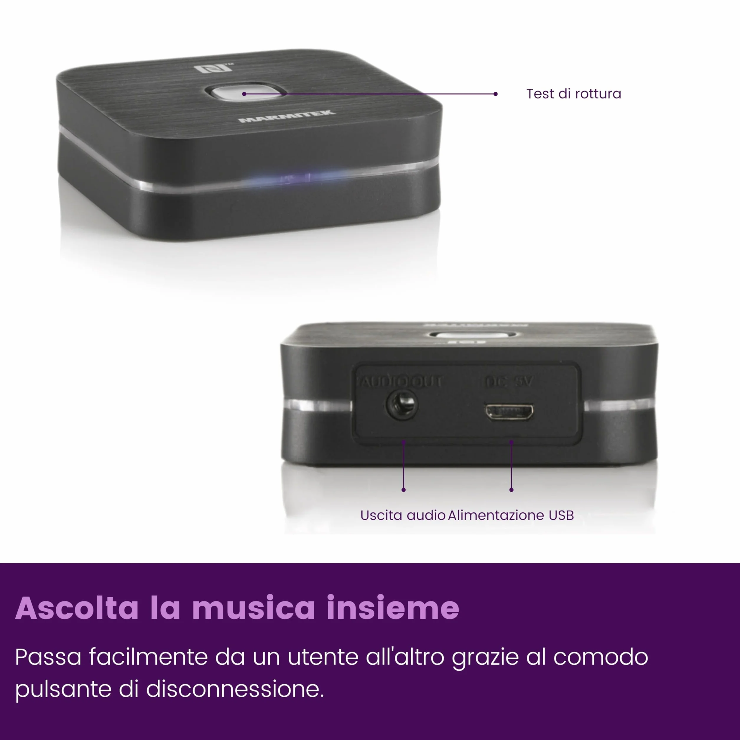 Ricevitore Bluetooth Marmitek BoomBoom 80 – Streaming audio wireless – NFC, cambio facile tra smartphone – Trasforma impianto Hi‑Fi – Adattatore Bluetooth
