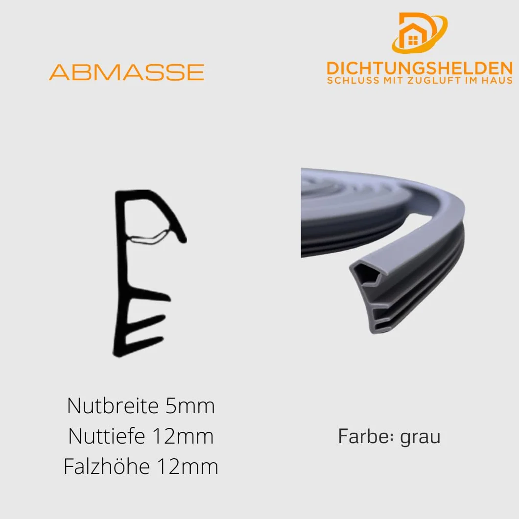 Guarnizione di alta qualità, bianca, per finestre in legno, 5 metri, ideale per scanalature di 5 mm, profondità scanalatura di 12 mm, durevole con passerella (grigio)