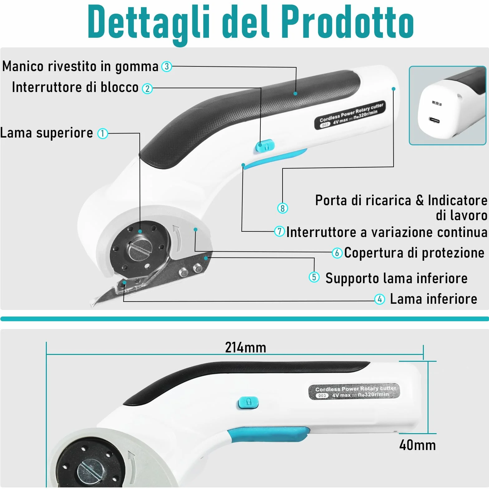 Taglierina per Cartone Elettrica 3,7 V 2000 mAh 2 Lame Autoaffilanti