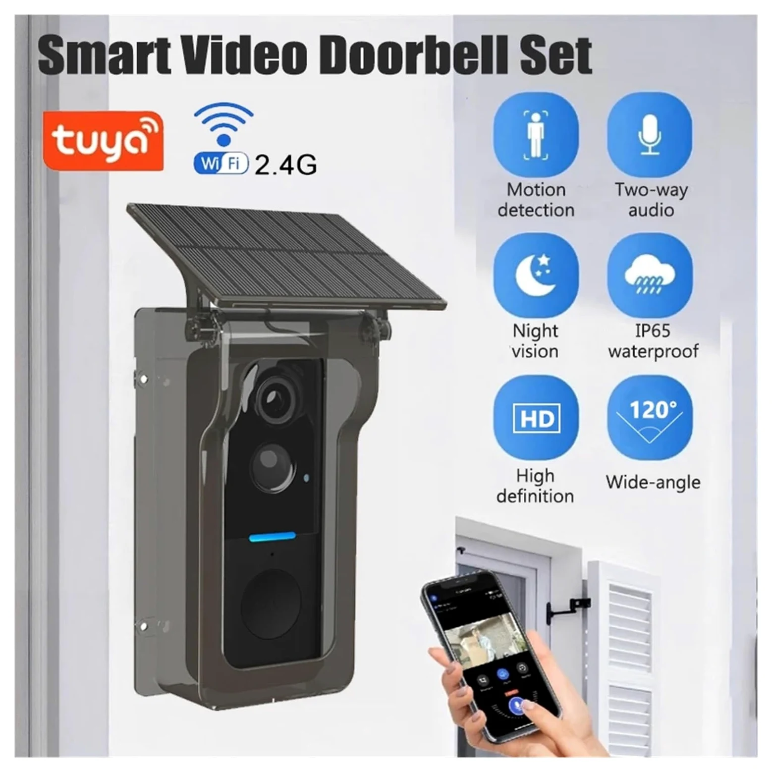 Tuya - Campanello WiFi con copertura solare antipioggia senza fili (set nero)