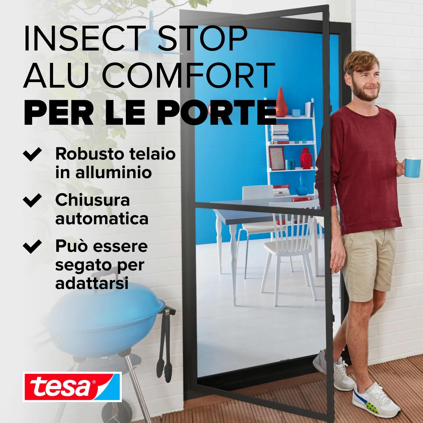 Tesa Insect Stop Alu Comfort Zanzariera per Porte con Telaio in Alluminio e " Clear-View " - Rete per Zanzare per Porta - Antracite, 100 cm x 220 cm