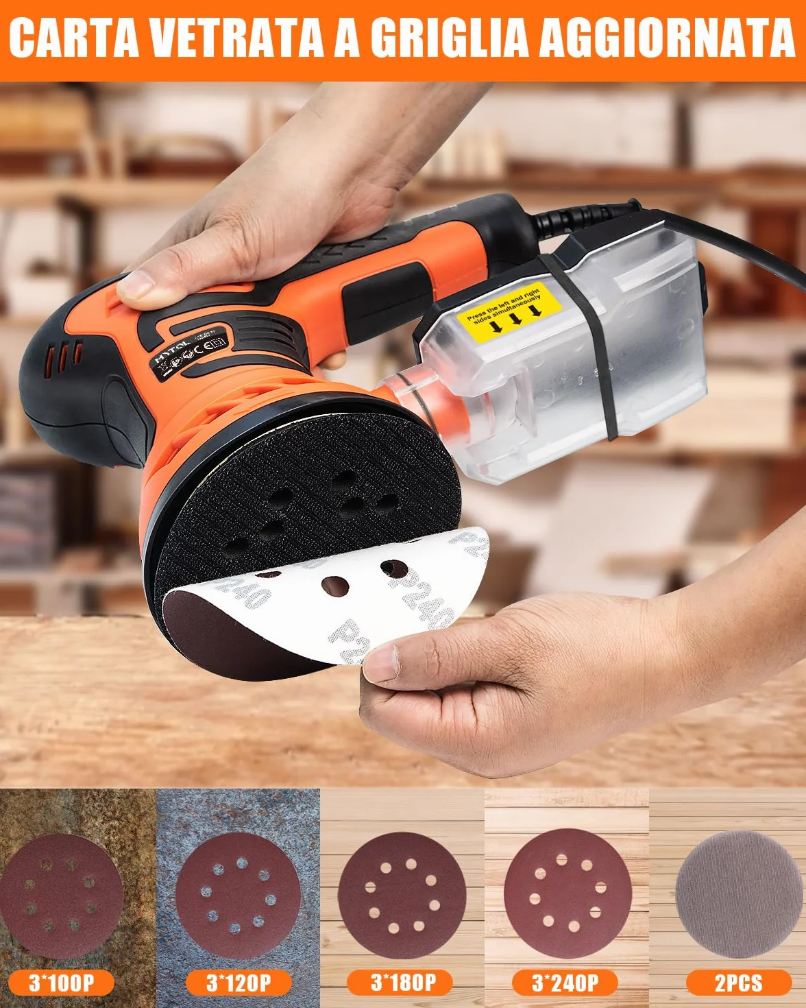 MYTOL 350W Levigatrice orbitale,7 velocità variabili,14 pezzi di carta vetrata(2 vetrata senza polvere)e raccoglitore di polvere,6000-13000U/min,125MM Levigatrice per Legno per la levigatura del legno
