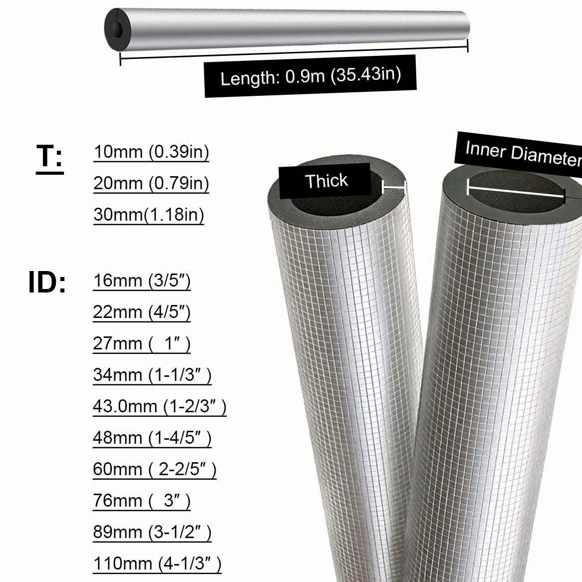 Tubo isolante autoadesivo per tubi, spessore 1/2/3 cm, tubo in schiuma di alluminio, 1 confezione (1,18 x 1-1/3)