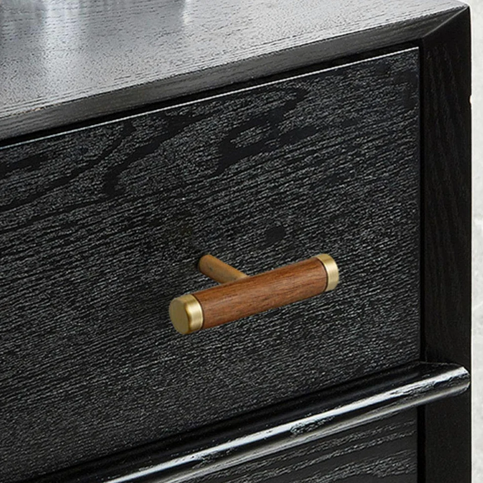 Maniglia per armadio da cucina, in ottone+noce, maniglie a T in stile europeo per mobili, cassetti, cassettiera, porta, pomello per armadietti (foro singolo/96/128/160 mm) (5 pezzi foro singolo)