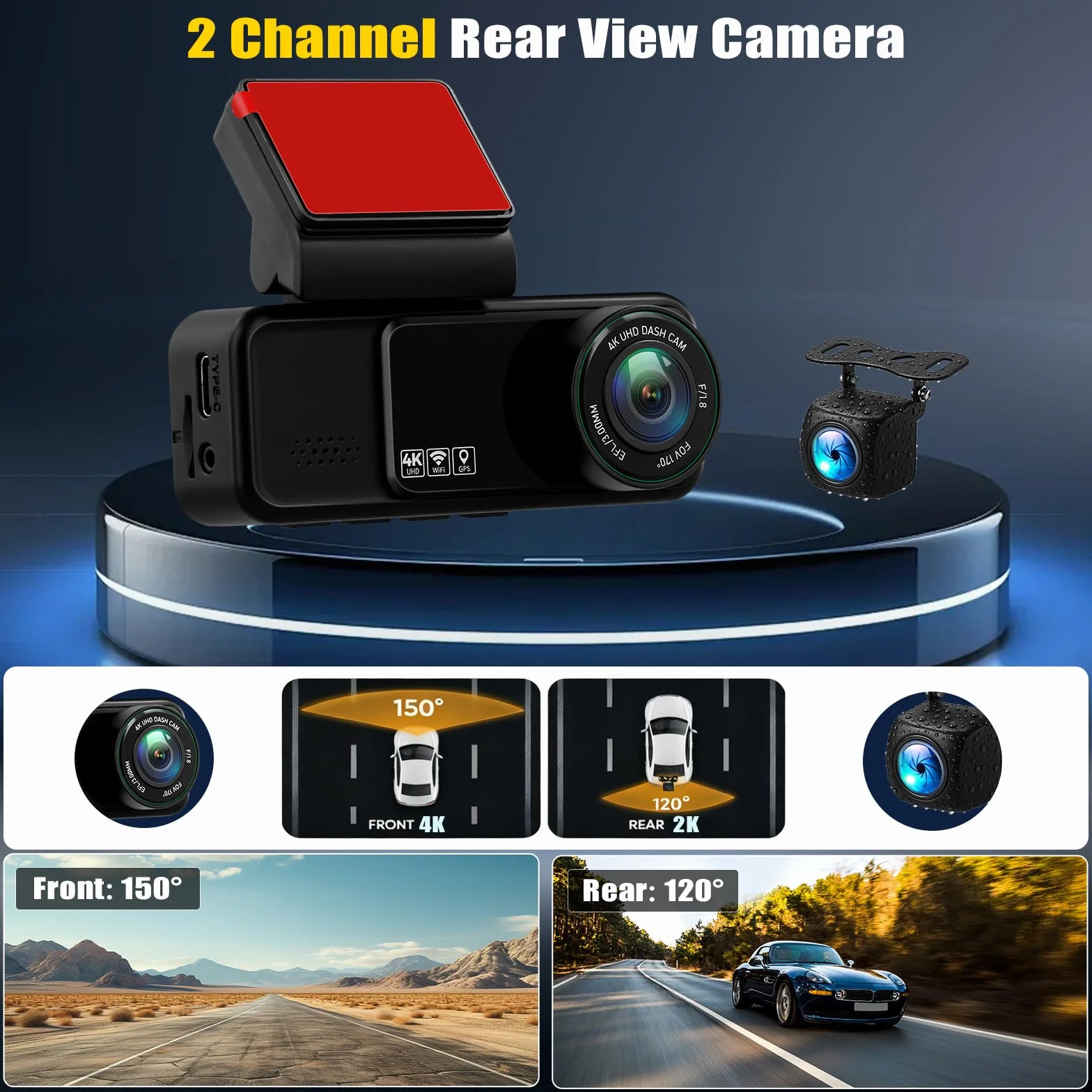 Dashcam 4K Anteriore e posteriore per auto, videocamera per auto 4K+2K FHD, videocamera per auto con GPS, ADAS, APP, Grandangolo 150°, visione notturna, sensore G, registrazione in loop