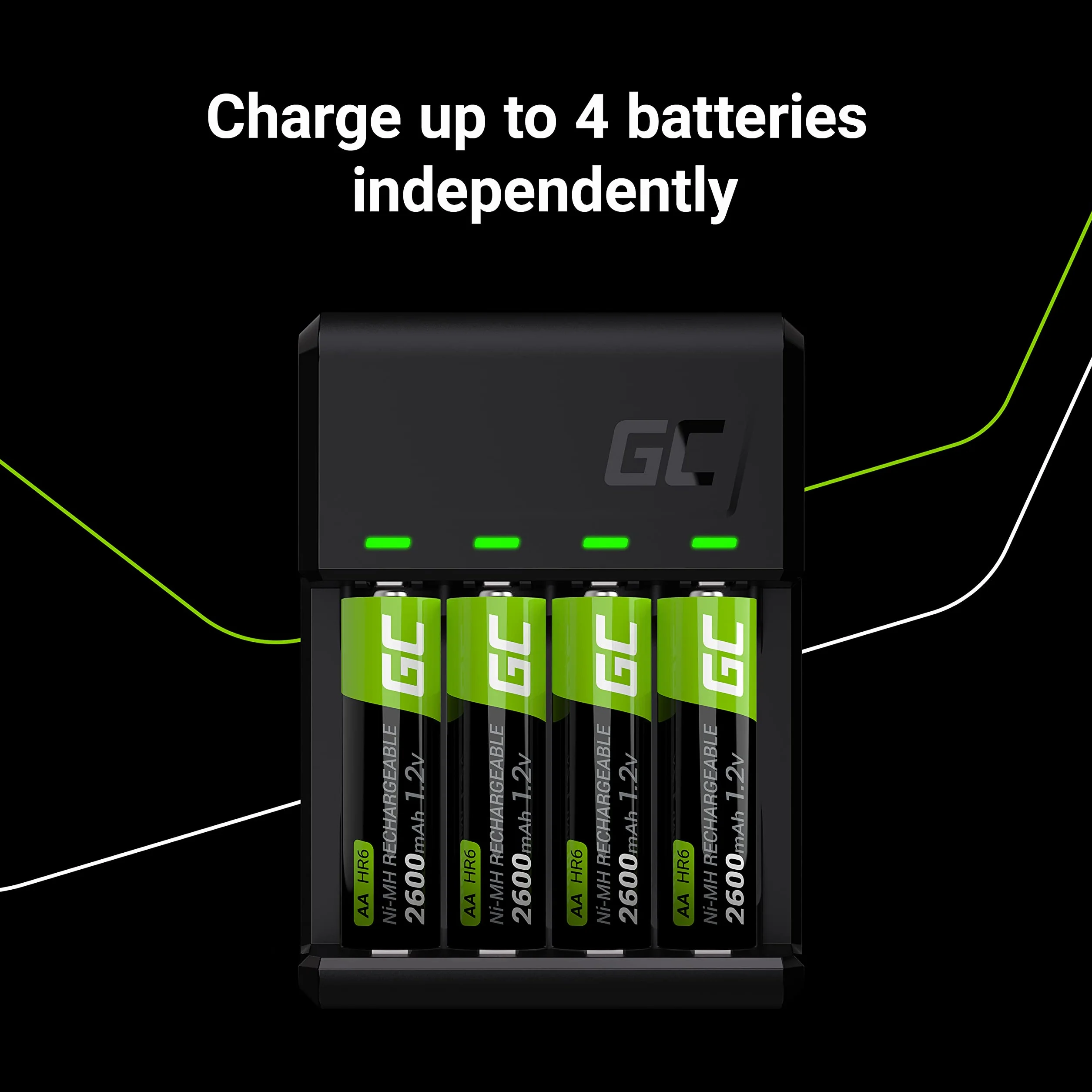 Green Cell VitalCharger - Caricatore + 2 Batterie AA 2000 mAh + 2 Batterie AAA 800 mAh per NI-MH AA AAA R6 R03 Mignon con Micro USB-C. Sistema di Ricarica a 4 Canali - Ricarica da 1 a 4 AA o AAA, LED