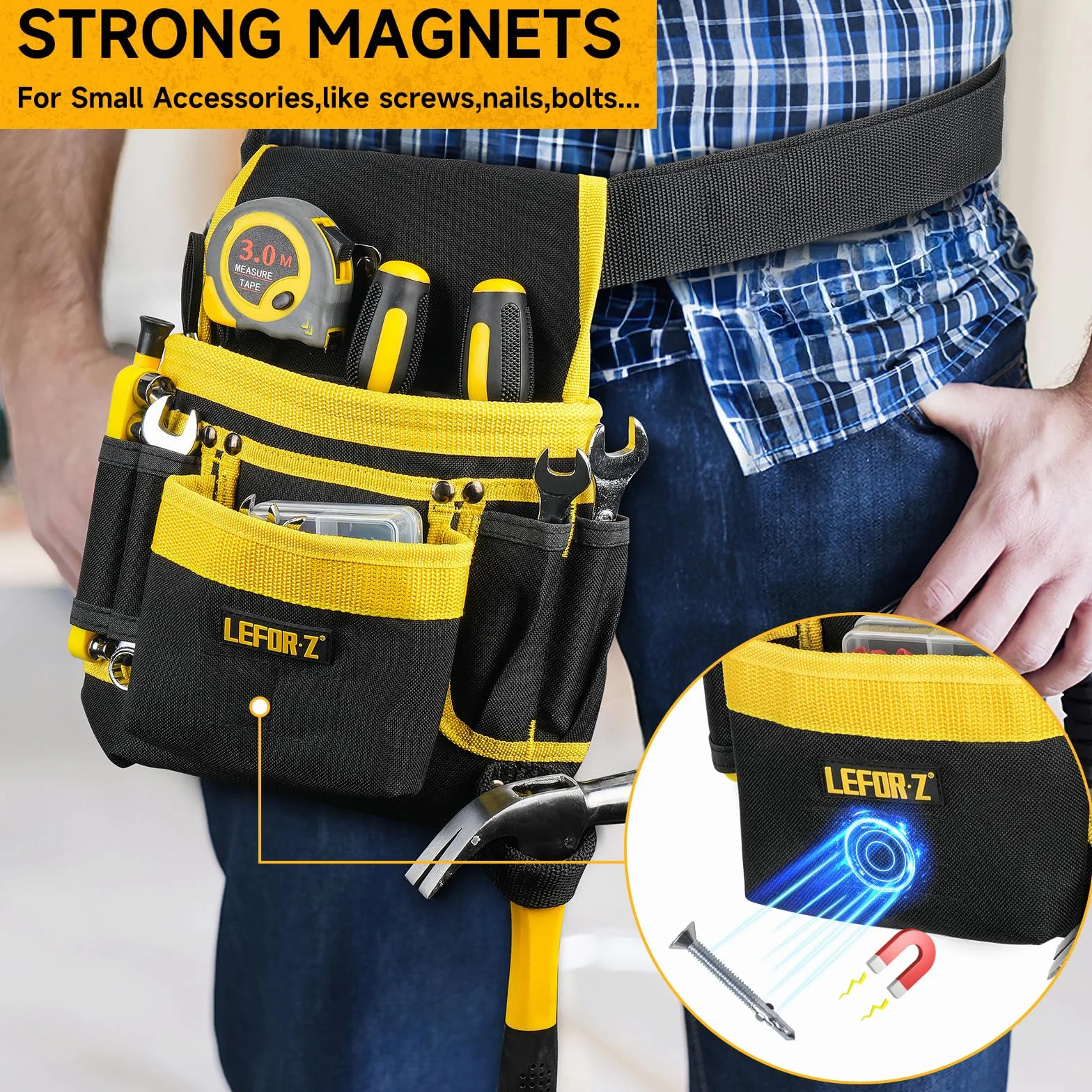 Cintura per Attrezzi da Lavoro Elettricista 13 Tasche Regolabile Imbottita Tasche Magnetiche Staccabili