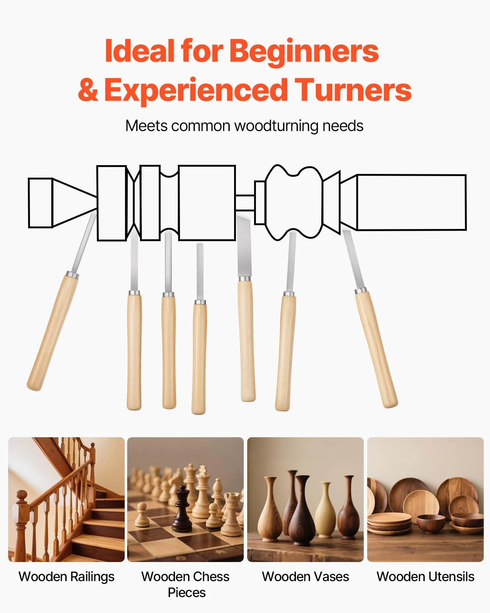 VEVOR Set di Utensili per Tornitura per Legno 8 pezzi, Set di Scalpelli per Tornio Lama in Acciaio al Carbonio, Strumenti per Tornitura Lavorazione del Legno Fai da te