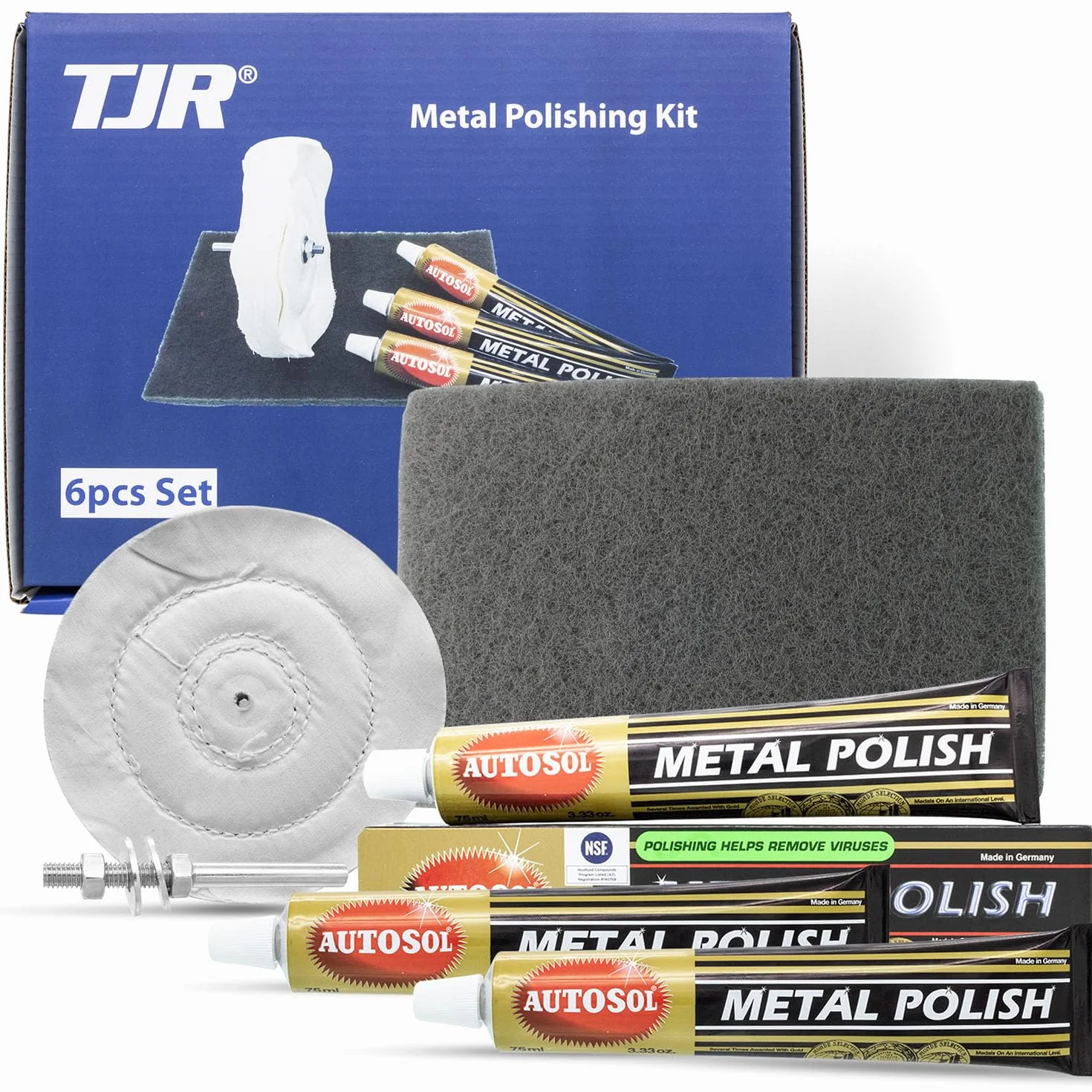 Set di lucidatura (6 pezzi): 3 tubi per polacco in metallo da 75 ml, 150 x 230 mm tampone abrasivo in pile - Molto fine, spazzola per panno da 130 mm, pergolato da 6 mm per spazzole in stoffa