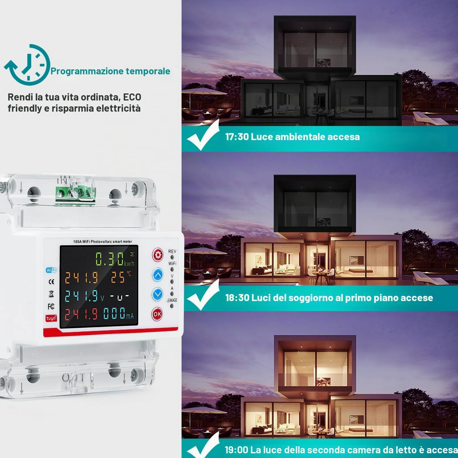 WiFi Contatore Energia Elettrica Monofase, Tuya Smart Misuratore di Consumo Elettrico AC 80-300V 100A Multifunzione Wattmetro Voltmetro Amperometro con Protezione Multipla, Controllo del Tempo