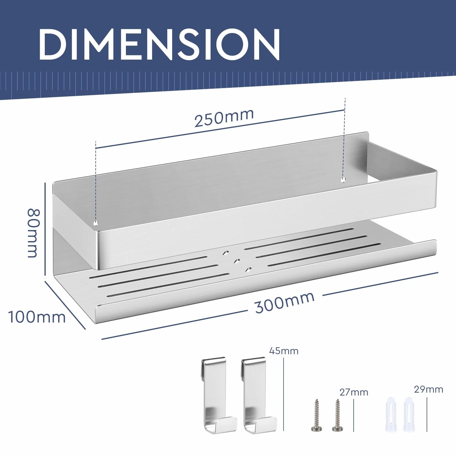 EXLECO Mensola Doccia Senza Foratura 30 CM Acciaio Inox Cromo Spazzolato con 2 Ganci Mobili Porta Shampoo