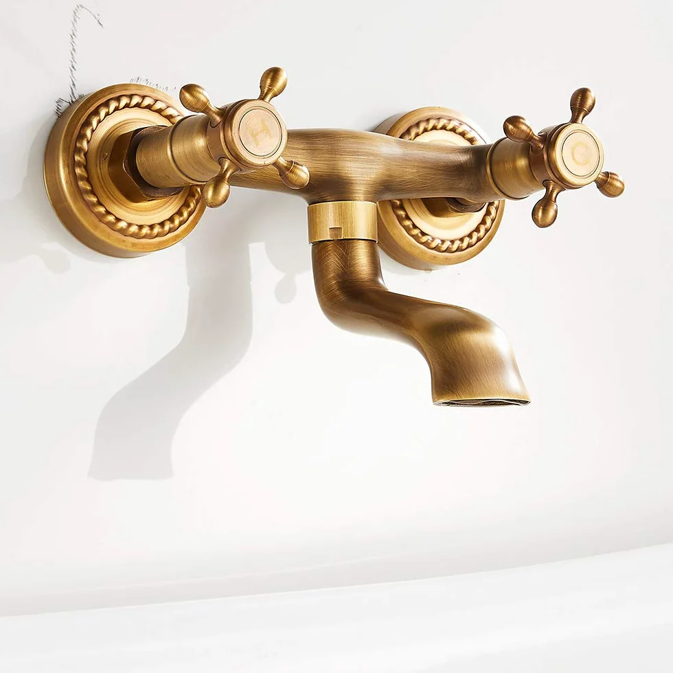 Rubinetto a Muro Anticato Bronzo Vintage Rotazione 180° Miscelatore Cucina Doppie Manopole Ceramica