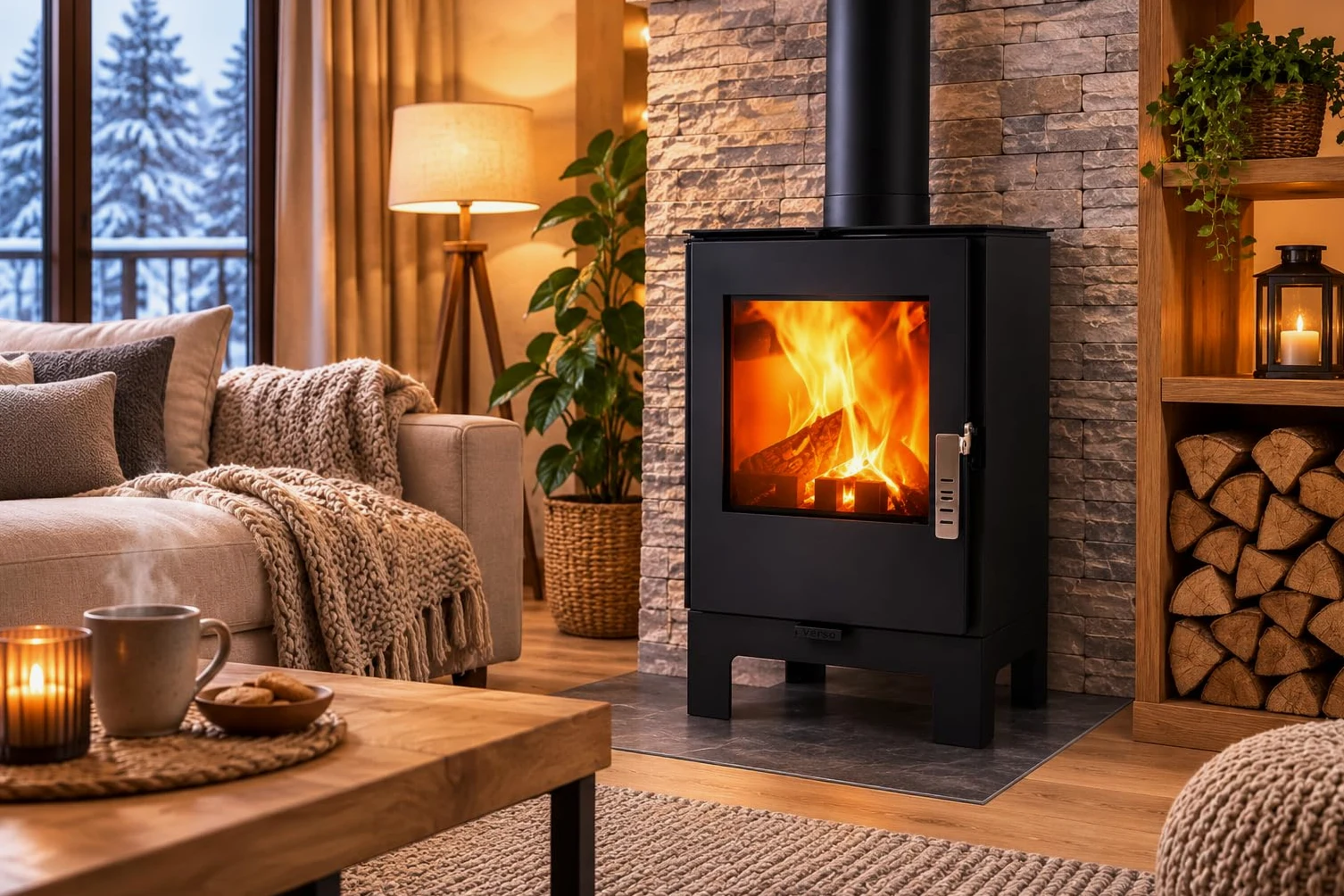 Verso - Stufa a legna da 2 l, 5 kW, 80,2% di alta efficienza, piastra superiore ultra compatta del corpo in acciaio (non ghisa), piccola stufa per 60-80 m³, Eco Low Emissions, 150 mm