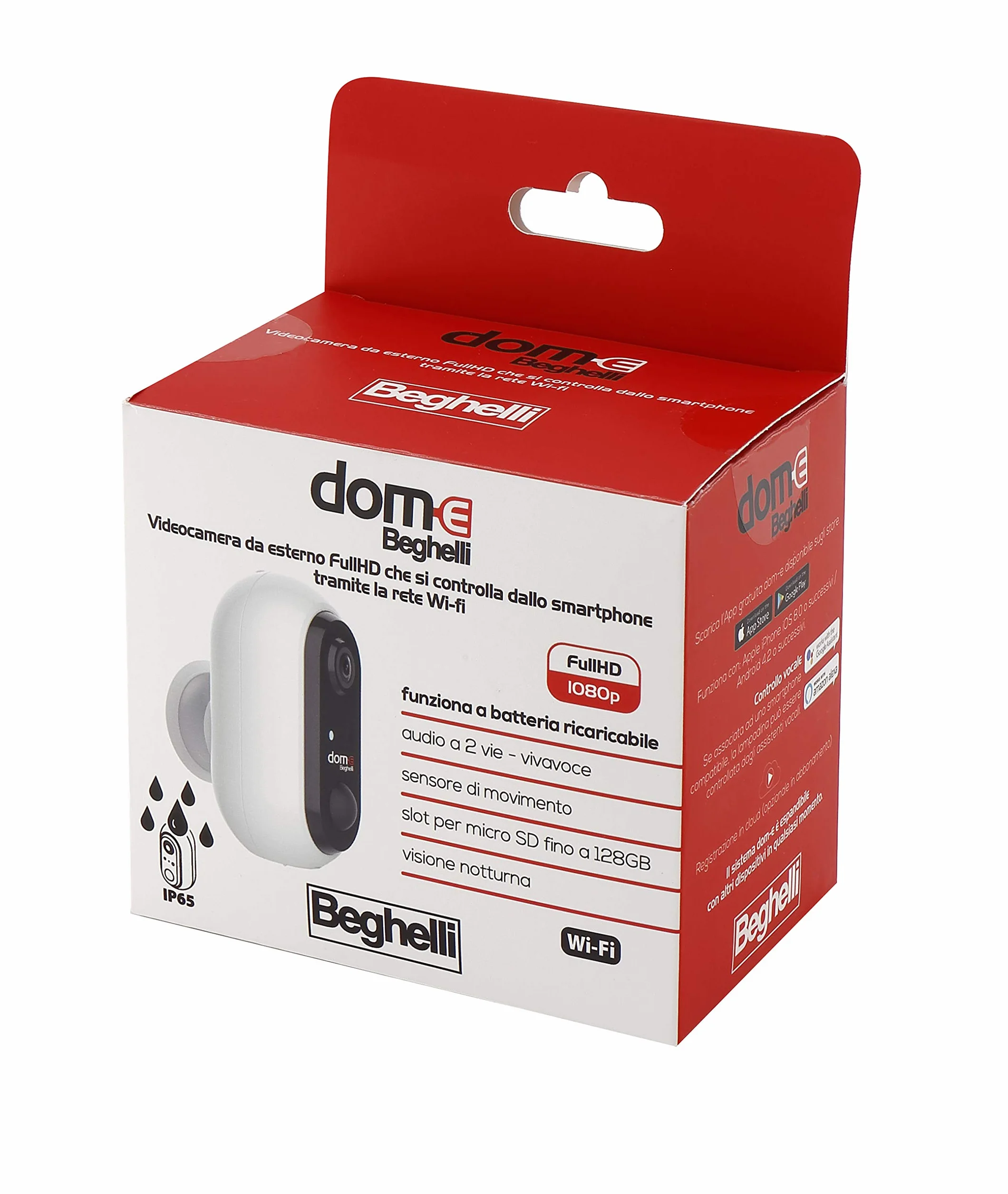 Beghelli - Telecamera Wifi Esterno FullHD, Batteria Ricaricabile, Videocamera Sorveglianza con Sensore Movimento, Visione Notturna, Ottica Grandangolo 130°, Dom-e, Compatibile con Alexa e Google Home