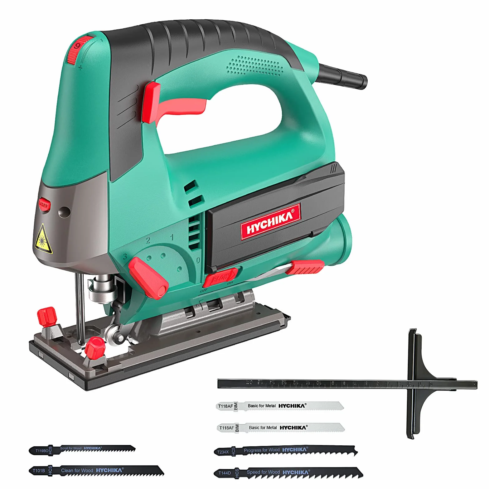 HYCHIKA Seghetto Alternativo 800W, Profondità di Taglio 110mm, 800-3000RPM, 6 Velocità variabile, Angolo di Inclinazione Regolabile da ±45 °, Adatto a Metallo e Legno