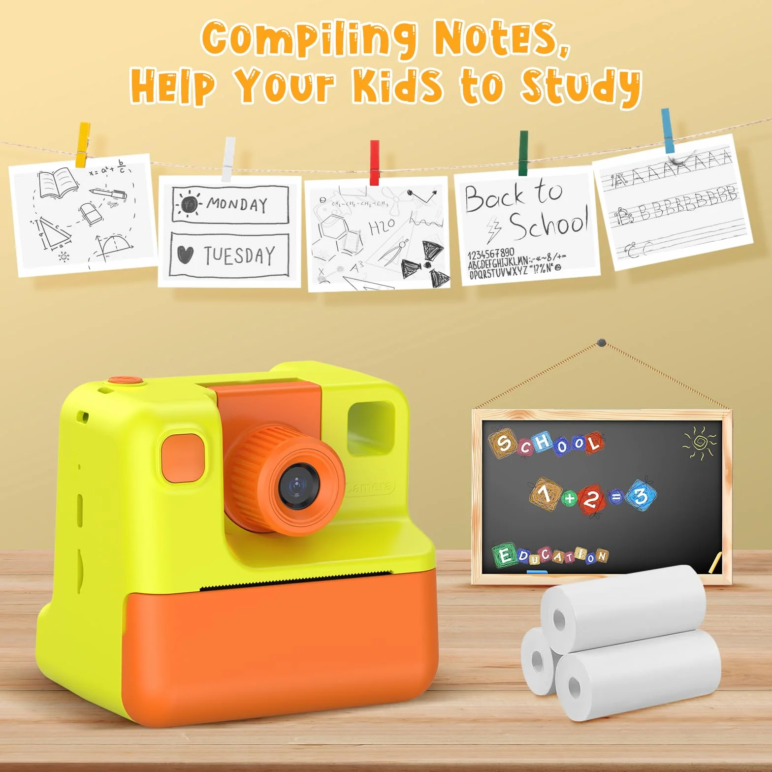 Macchina Fotografica Bambini Istantanea, 1080P Digitale Fotocamera Istantanea Bambini, Regalo per Bambini dai 3-12 Anni, 32GB Scheda SD, 5 Penne Colorate (giallo)