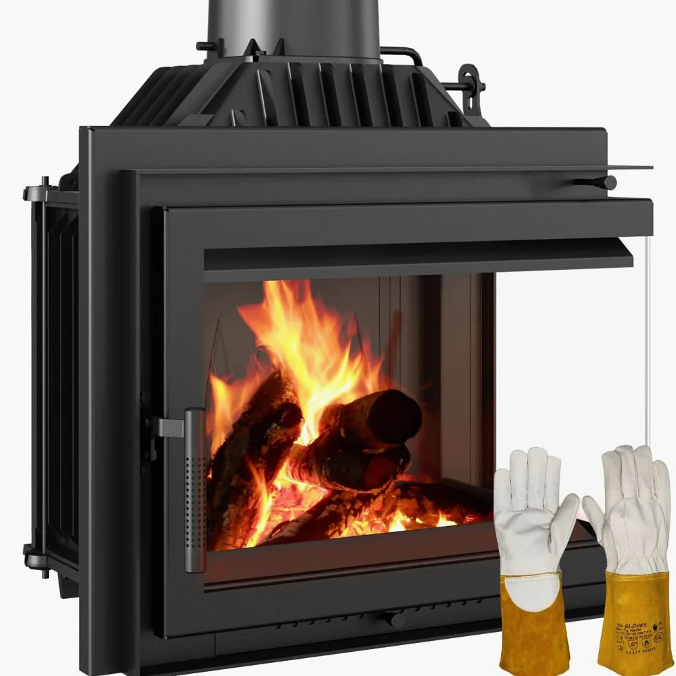 KRATKI Inserto per camino in ghisa a legna SIMPLE 8 kW Ø200 A energetica A | Ghisa nero, efficienza 80,1%, classe A.; 70,1 x 60 x 36 cm con Guanti termoresistenti inclusi; combustione efficiente; angolo