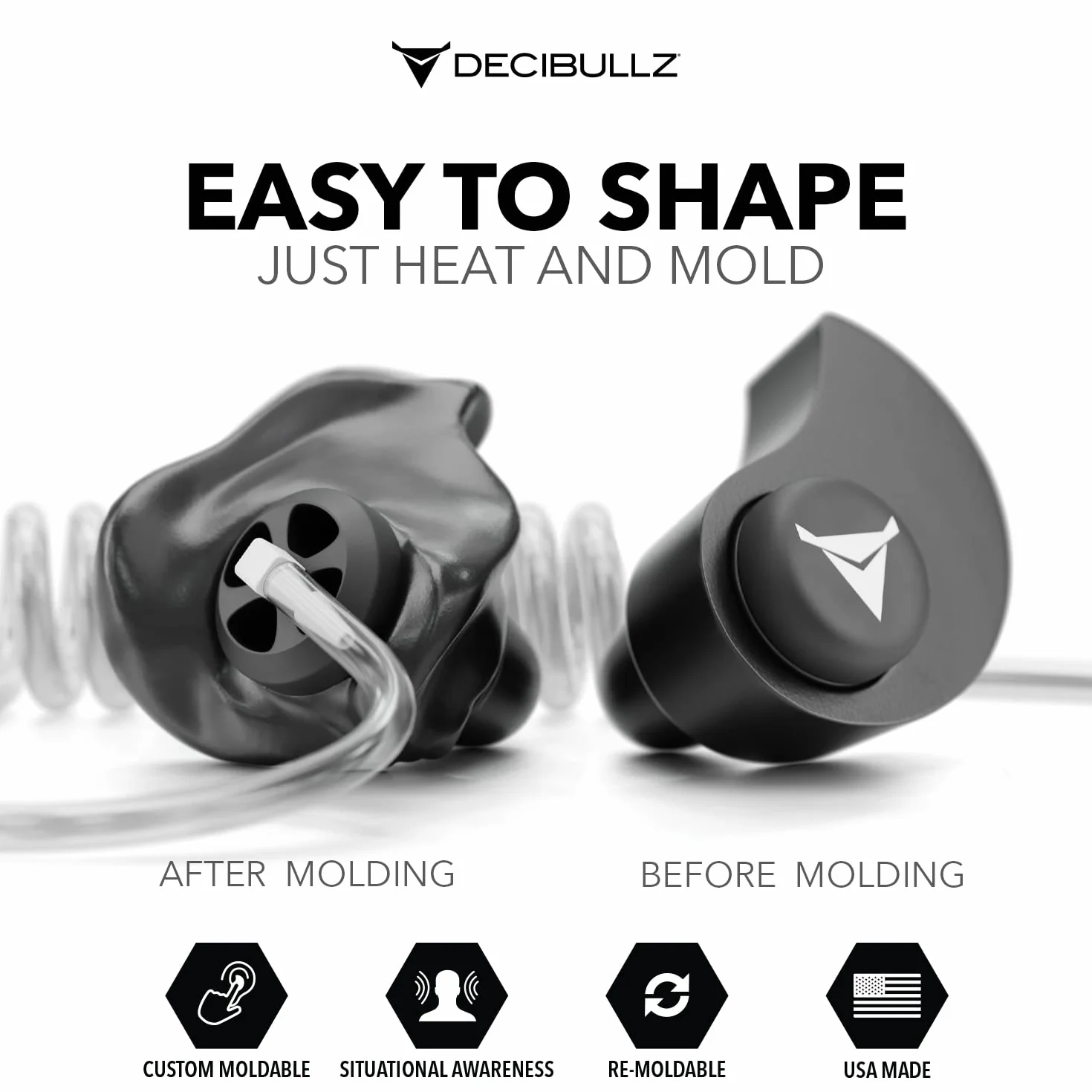Decibullz Set di auricolari di sorveglianza bidirezionale di sicurezza modellati personalizzati, Thermo-Fit progettato per radio a tubo acustico trasparente | Modello: +Awareness