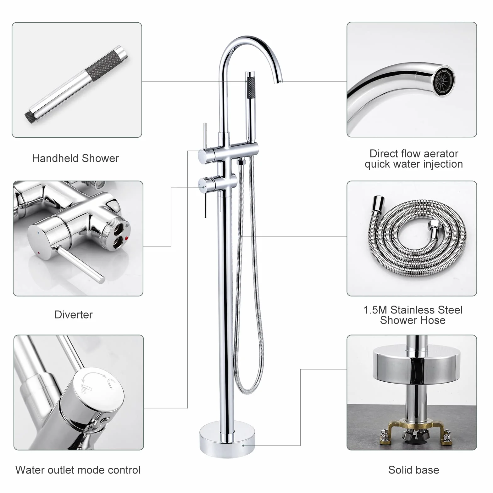 ARCORA Rubinetto Vasca a Pavimento Miscelatore Autoportante con Doccetta Girevole 360° Rame Acciaio Inox Cromato