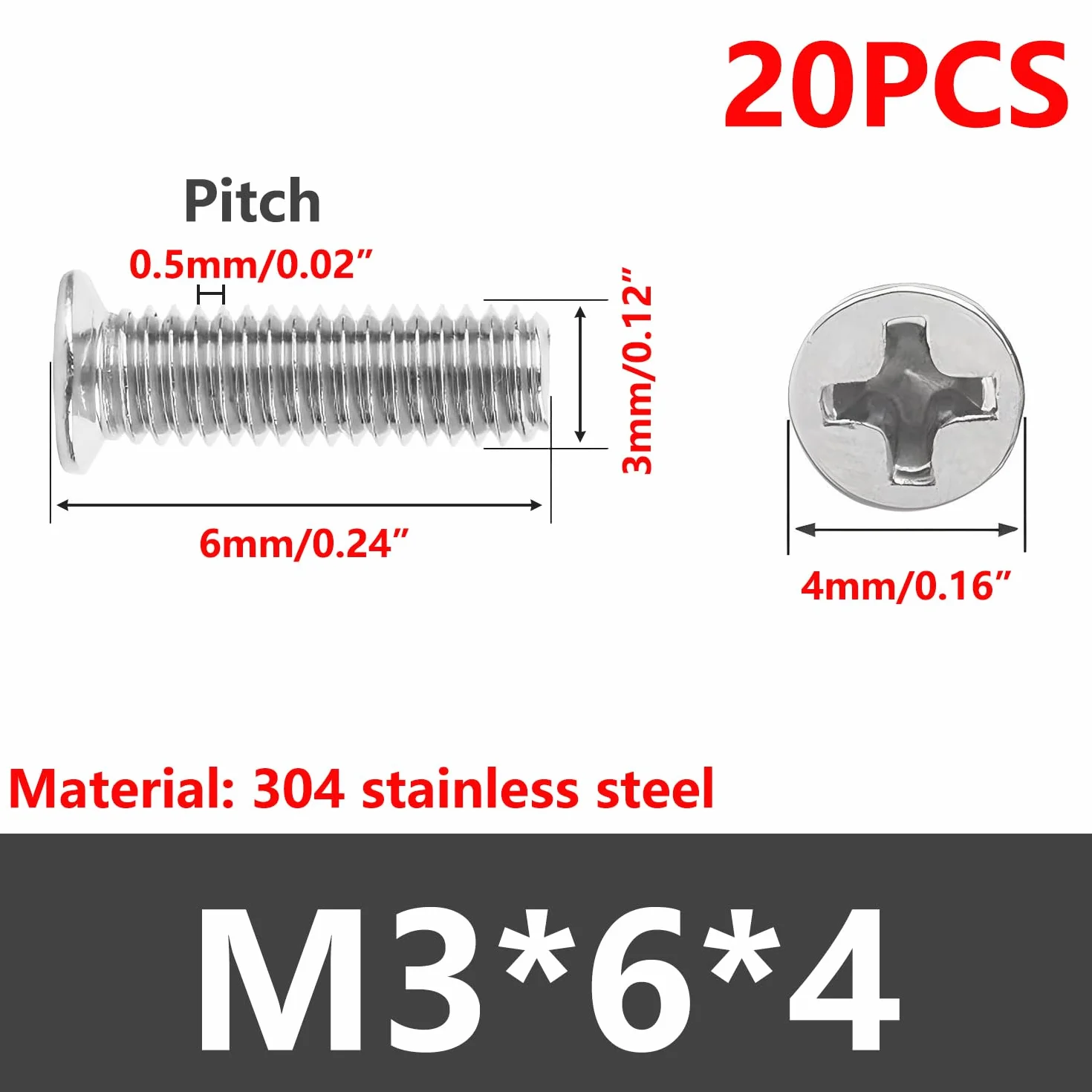 Viti a Testa Svasata M3x6mm Acciaio Inossidabile Phillips 20 Pezzi