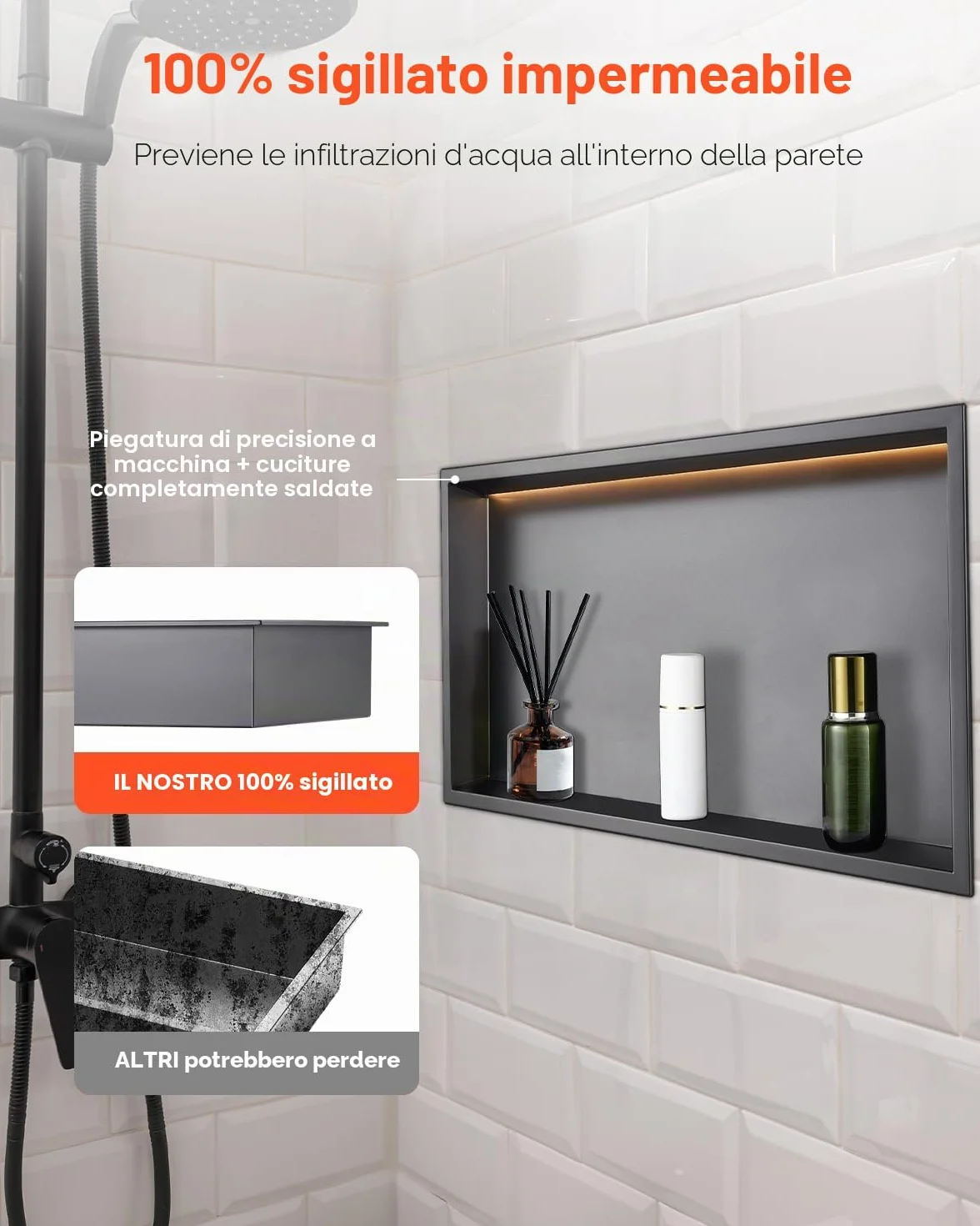 VEVOR Nicchia per Doccia 33x63.5x10.2 cm Acciaio Inossidabile da Incasso LED Striscia Porta Sapone Shampoo Impermeabile Nero