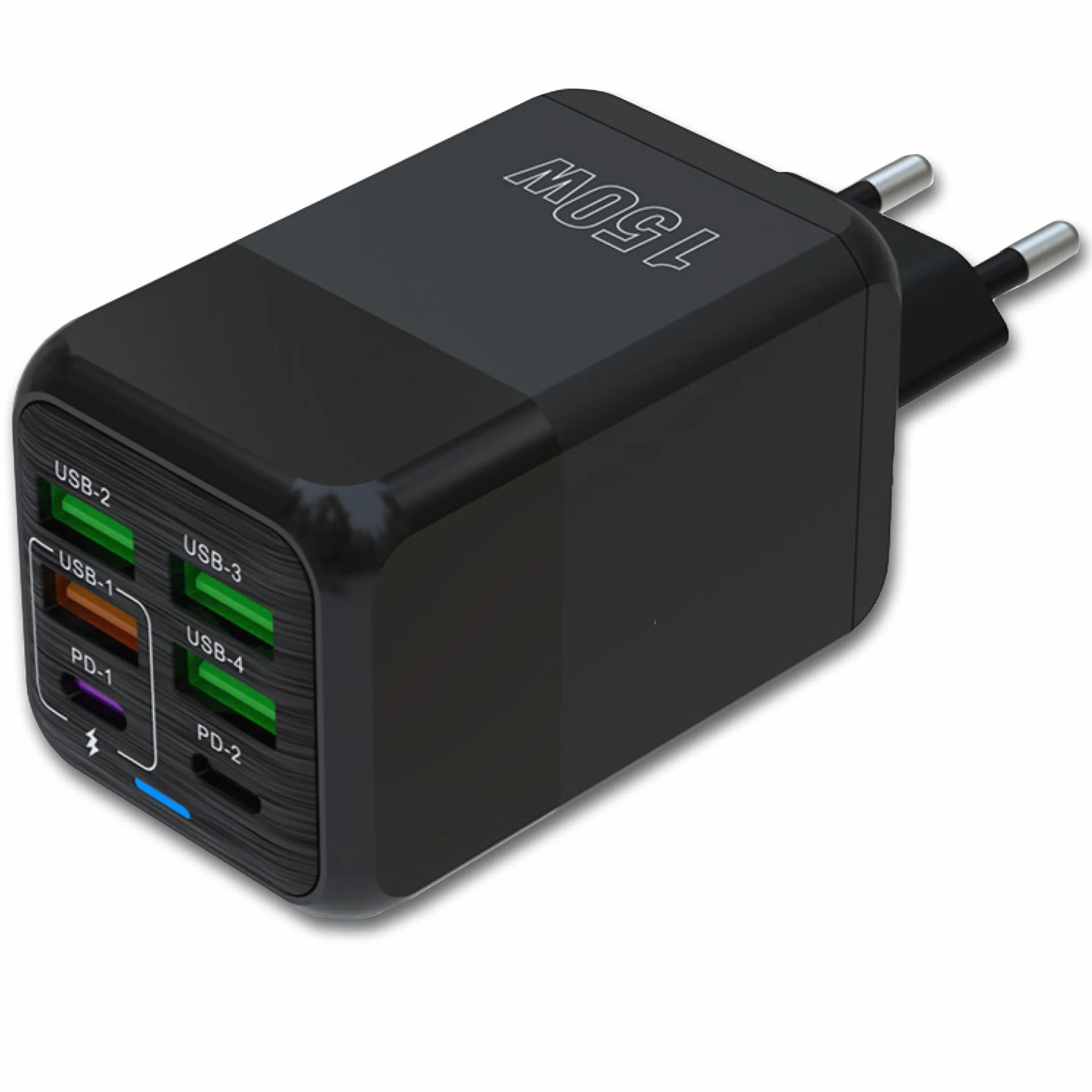 Caricatore USB C 150W Multiplo con 6 Porte Rapide QC 3.0 per iPhone + Galaxy + Xiaomi - Caricabatterie USB C e A Certificato CE Compatibile 120W - Colore Nero | 3‑Stars