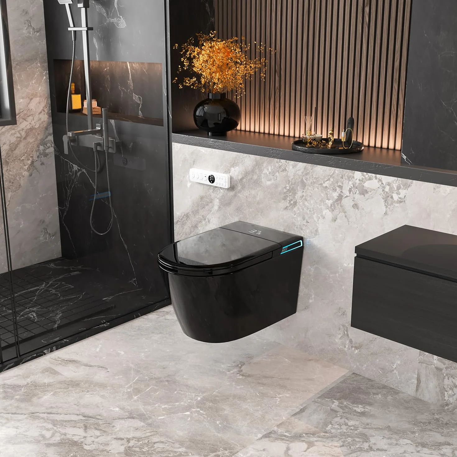 Smart WC nero da appendere alla parete, scarico automatico, coperchio con apertura e chiusura automatica, sedile riscaldato, acqua calda/asciugatrice, moderno bidet allungato con supporto a
