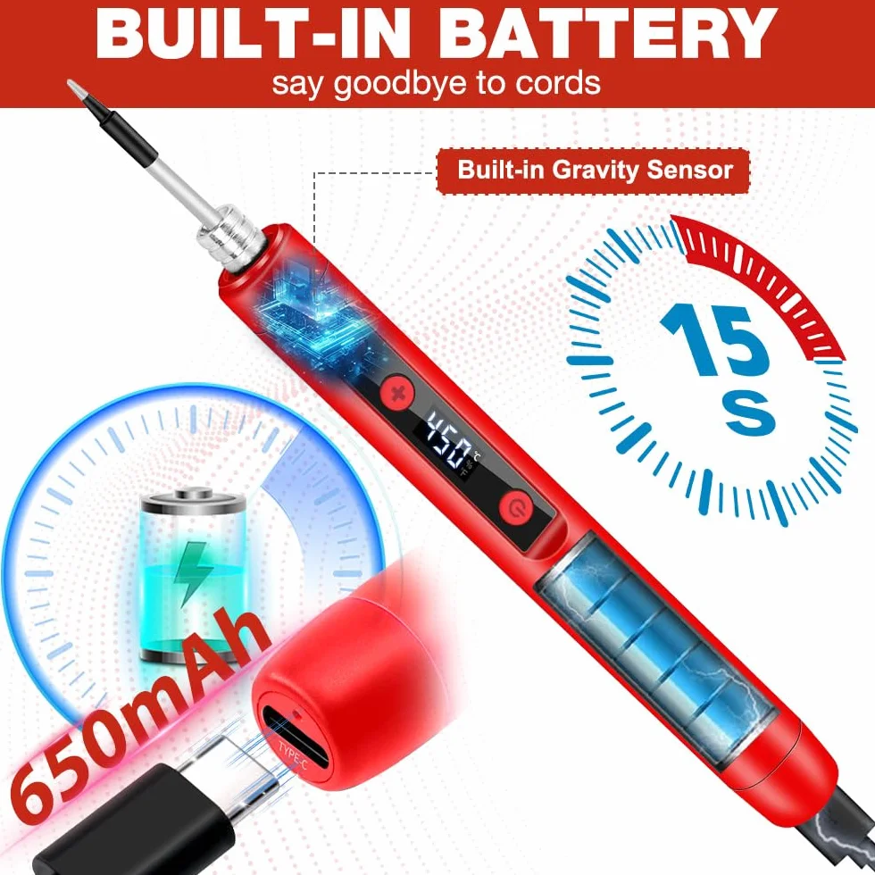 Saldatore a batteria USB con LCD 180℃-450℃, ferro portatile set con filo saldatura e 3 punte
