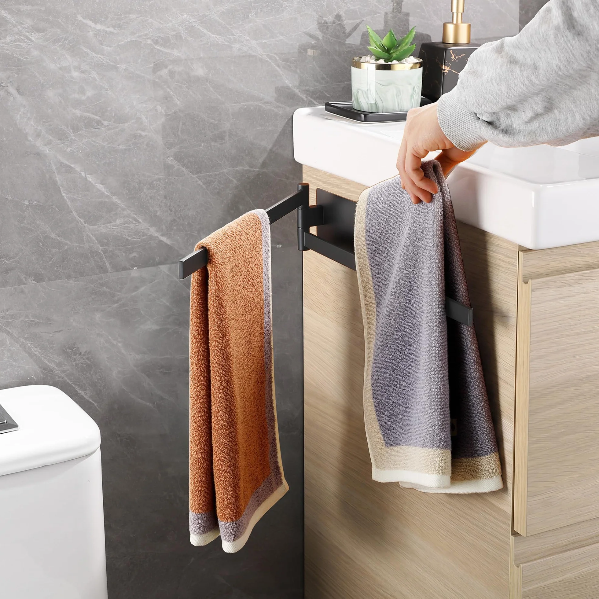 Porta Asciugamani Bagno Adesivo Girevole 180° Acciaio SUS304 Nero 39cm