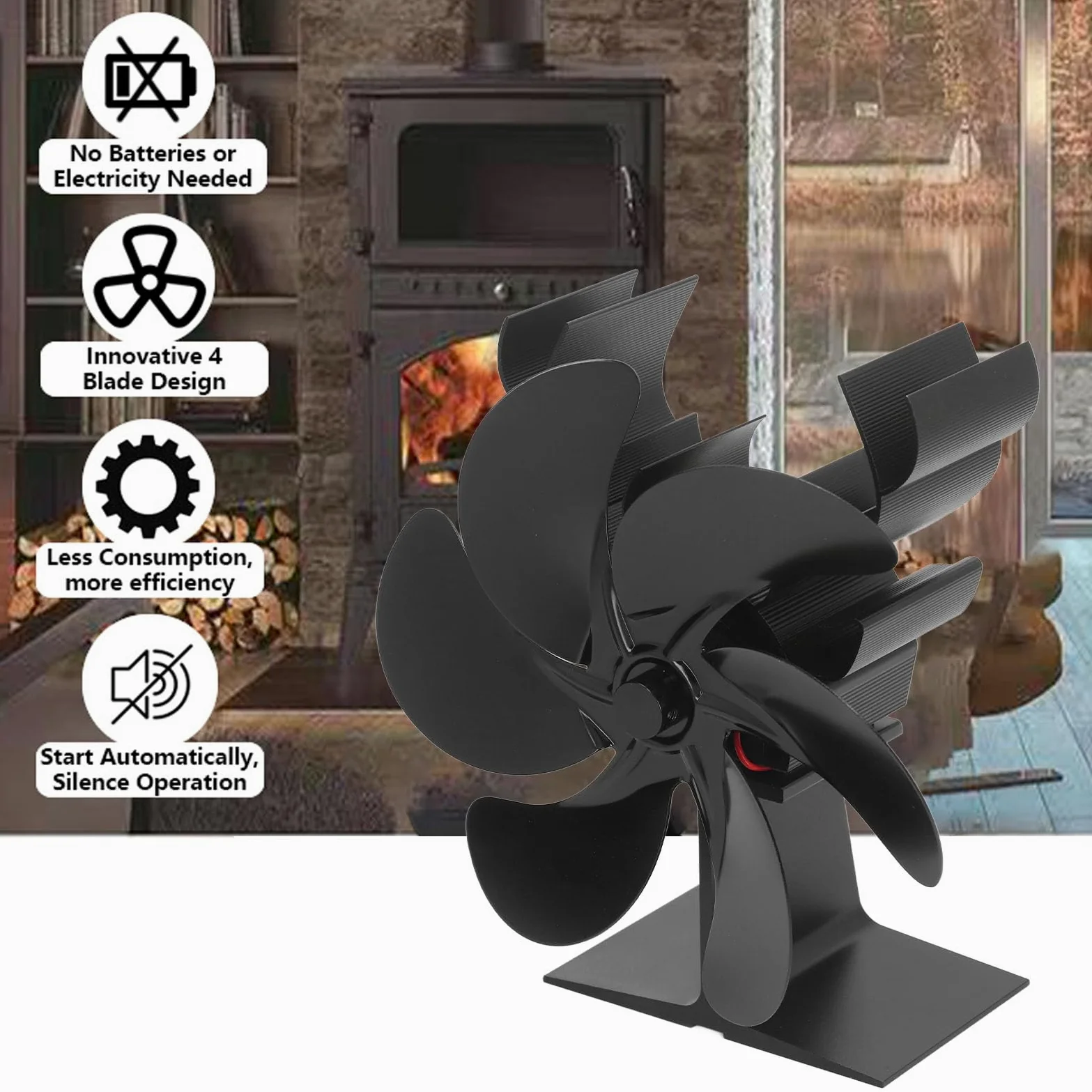 Ventilatore per stufa a legna a 6 pale per camino, risparmio energetico, resistente alle alte temperature