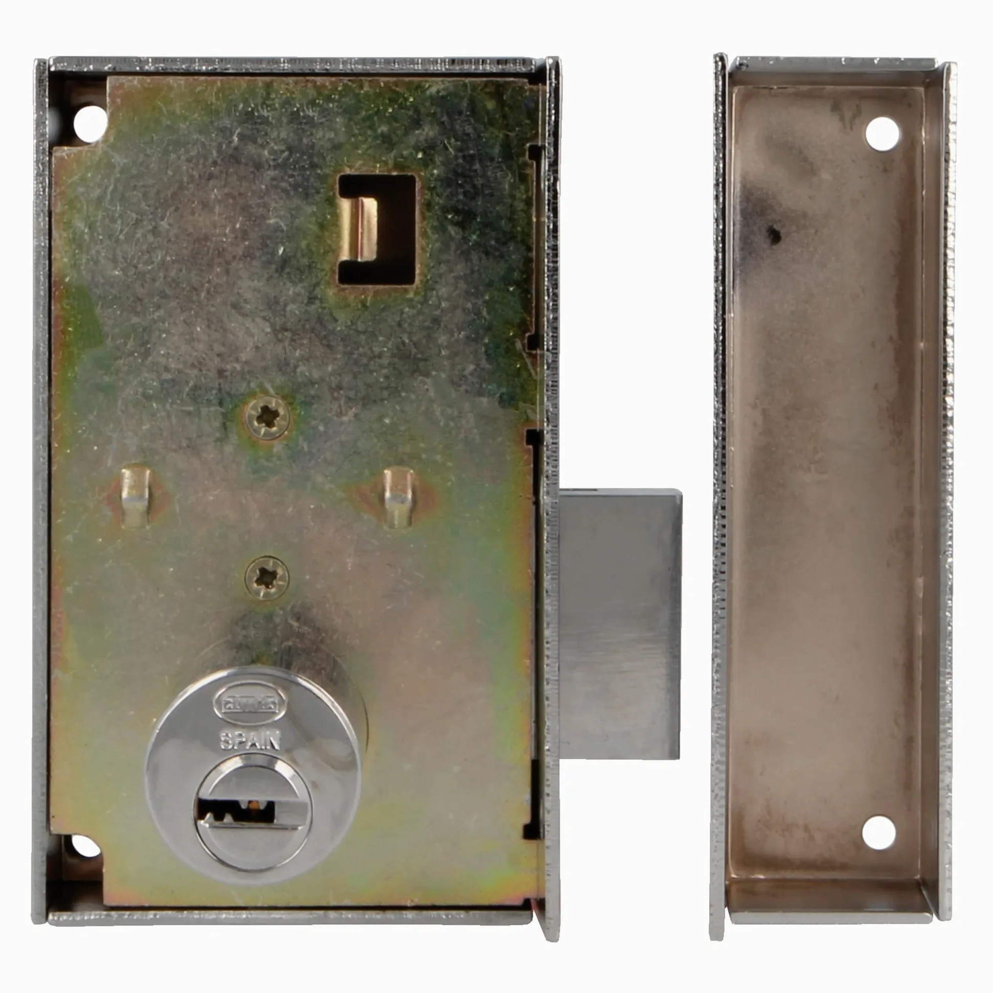 Amig - Serratura a sovrapposizione sinistra con leva di chiusura e linguetta per porte in legno mod. 75P, 67 x 112 mm, cilindro rotondo di sicurezza, acciaio argentato
