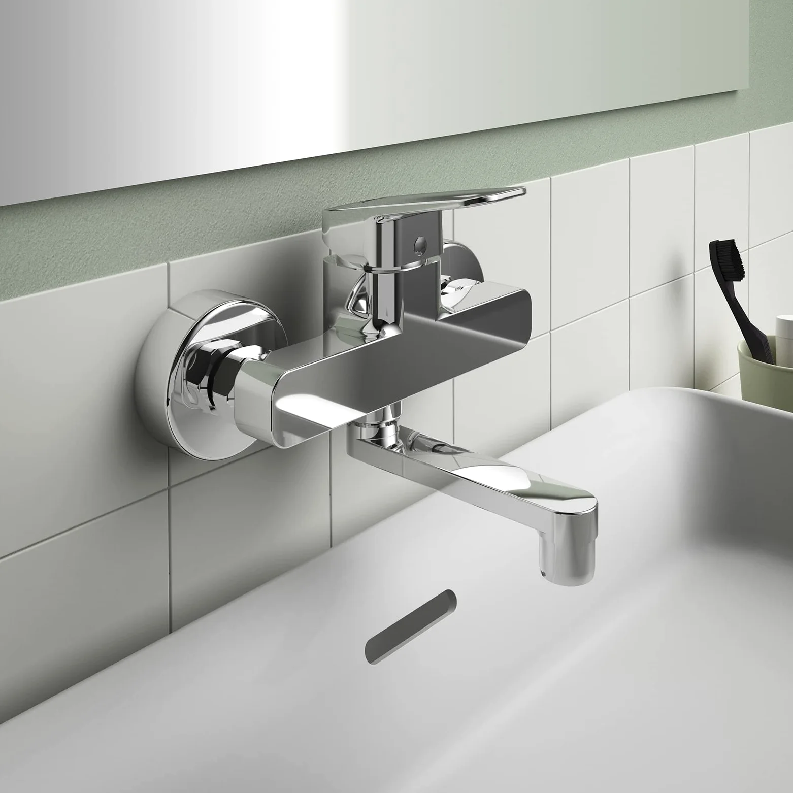 Ideal Standard Ceraplan Miscelatore lavabo a parete, sporgenza 148 mm, rubinetto bagno a risparmio idrico 12 l/min (3 bar), senza piletta di scarico - Cromo (166 x 155 mm)