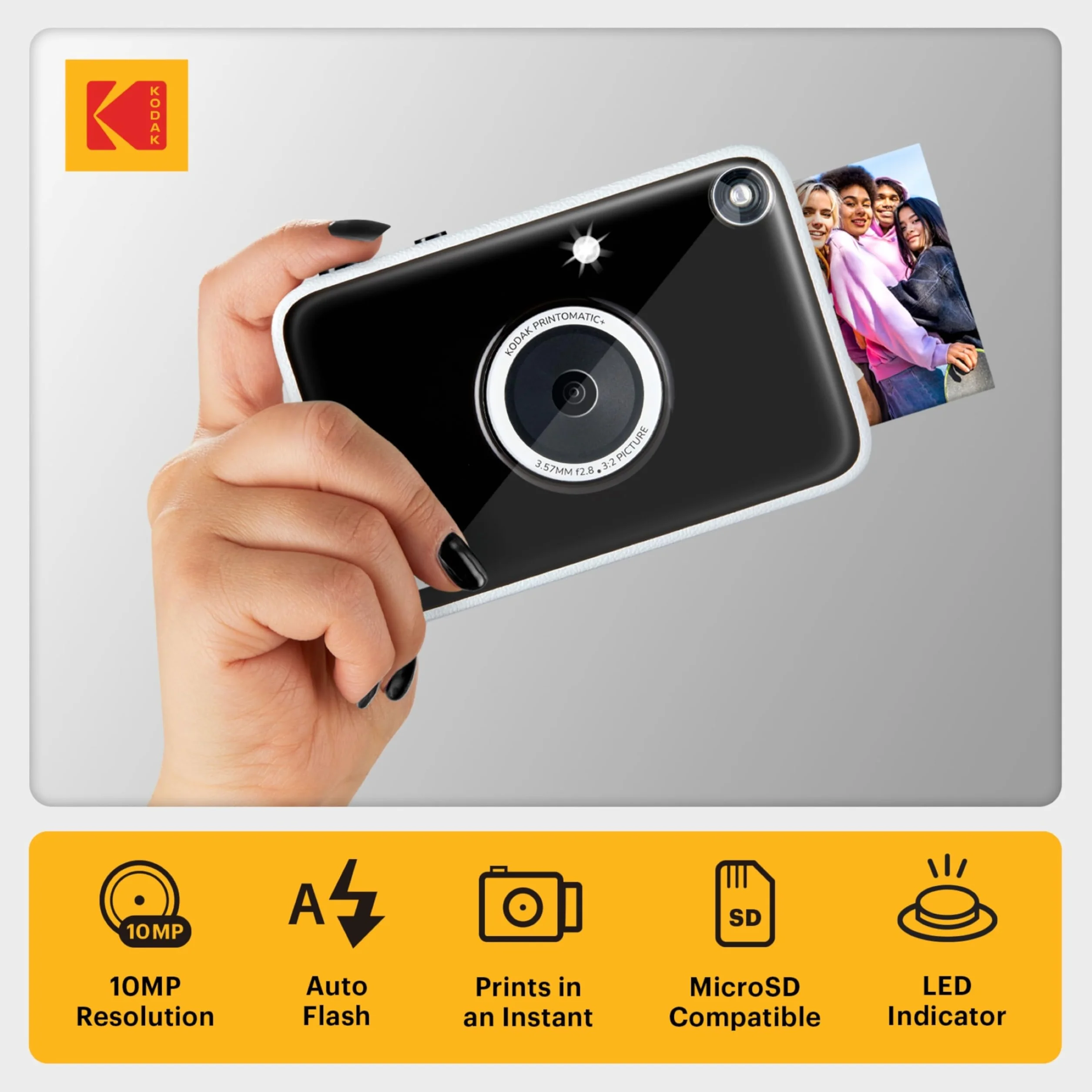 KODAK Printomatic+ Fotocamera Istantanea 10MP Kit Iniziale con Custodia, RGB LED e Carta Adesiva Zink 20pz – Nero
