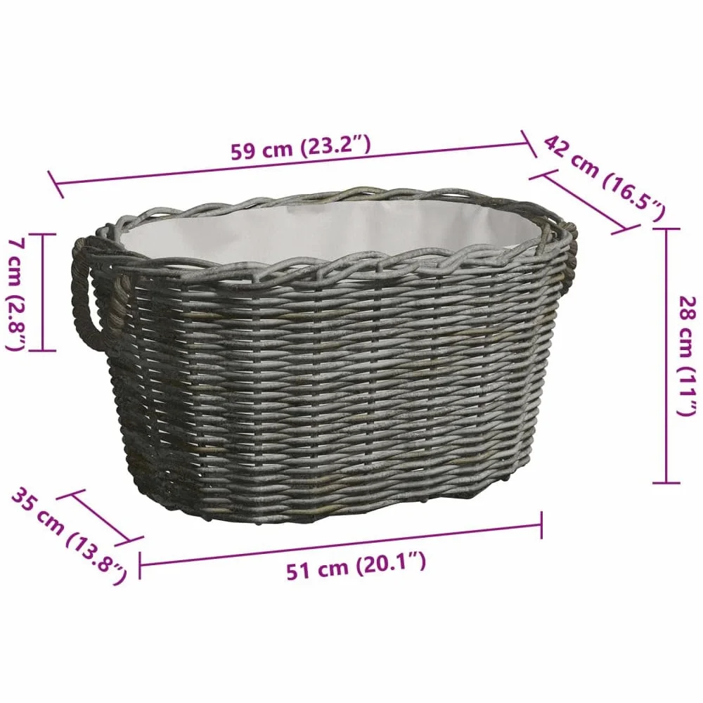 Cesto per legna con manici in vimini, 59 x 42 x 28 cm, grigio, scaffale per legna da ardere, per riporre la legna da ardere, per tenere in ordine accanto al camino, per interni ed esterni
