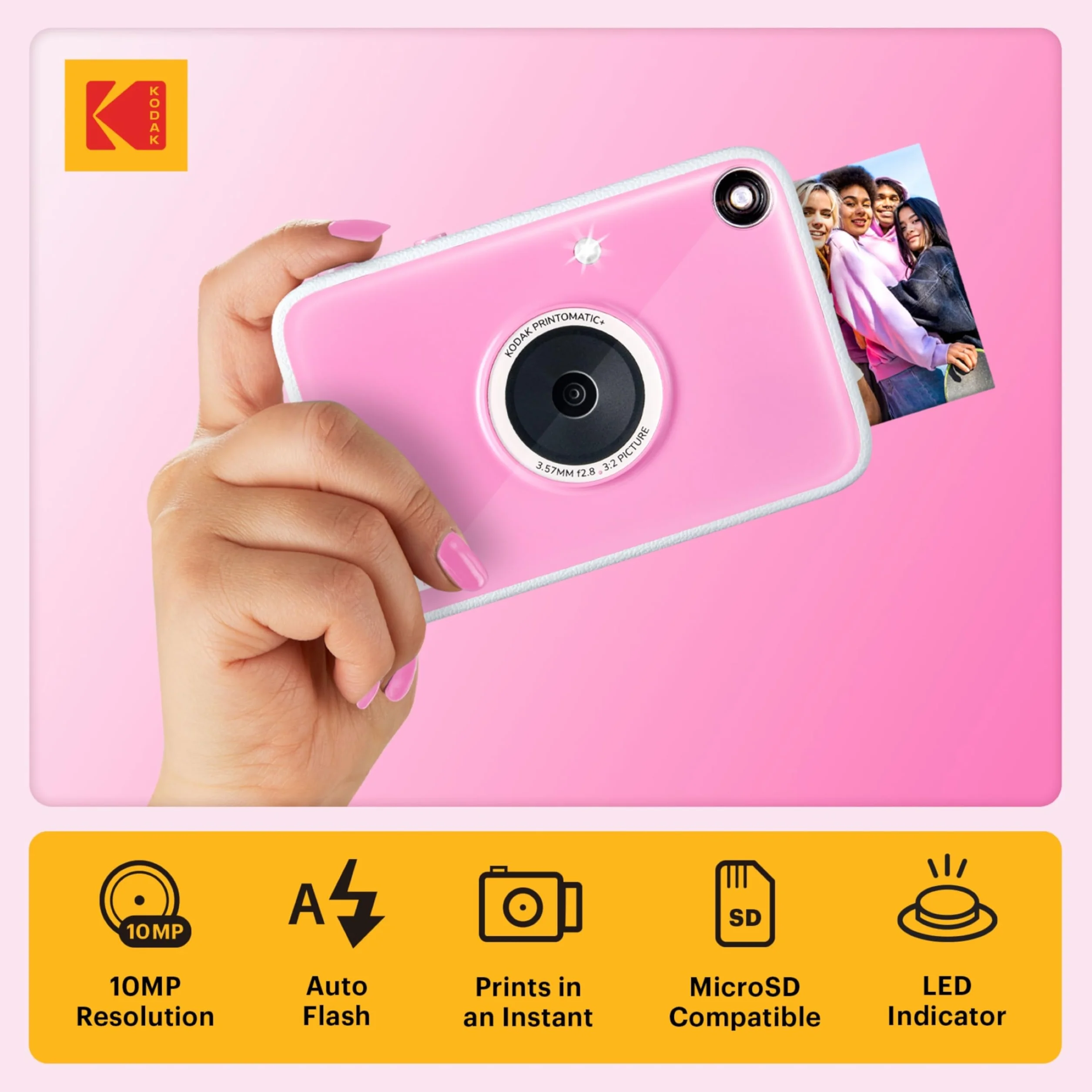 KODAK Printomatic+ Fotocamera Istantanea 10MP Kit Iniziale (Rosa) con Custodia, RGB LED e Carta Adesiva Zink 20pz – Rosa