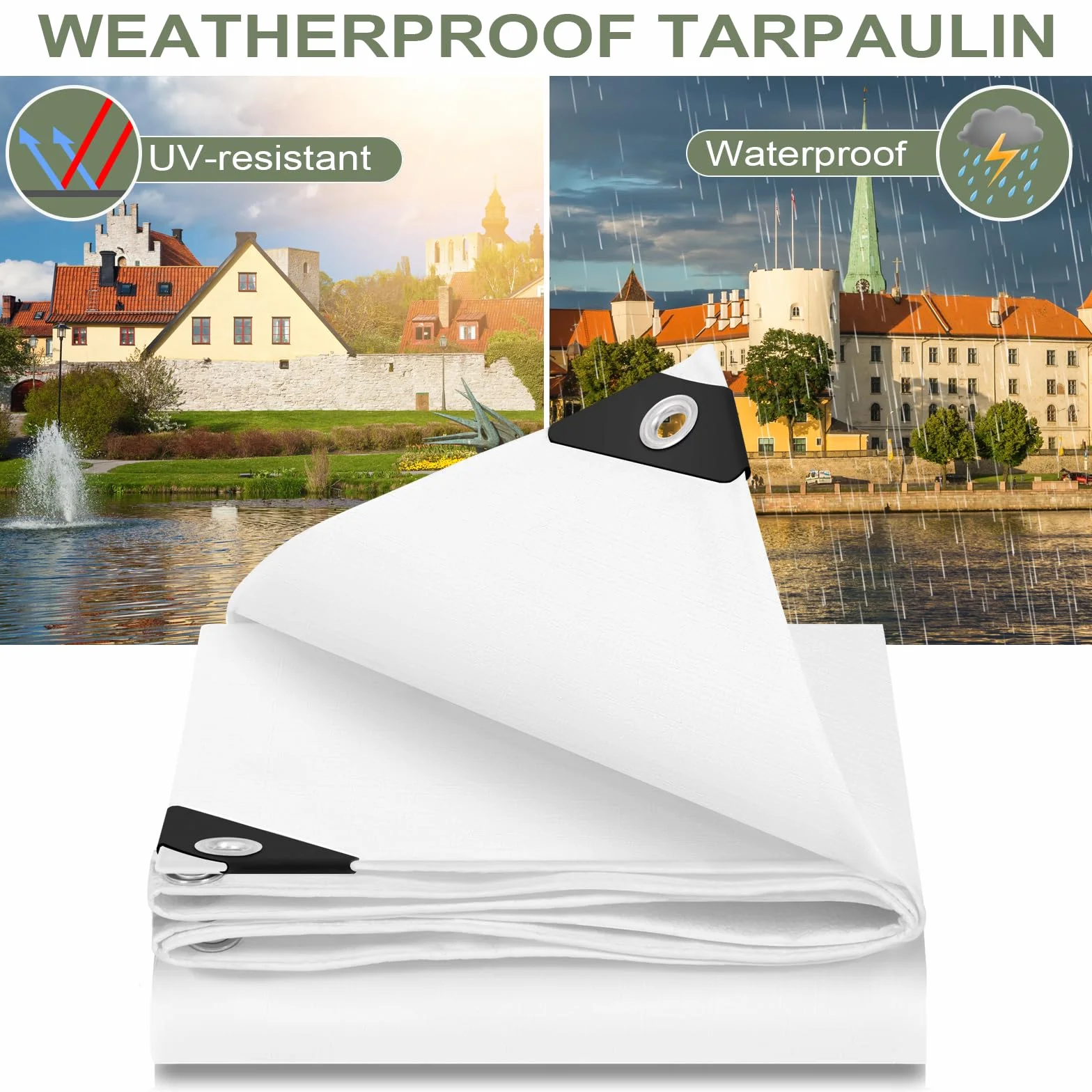 WOLTU Telone Idrorepellente per Esterno 3x4 m Telo Occhiellato Rinforzato in PE 140g/m² Copertura per Piscina Auto, Mobili da Giardino, Antipioggia e Antivento, Bianco