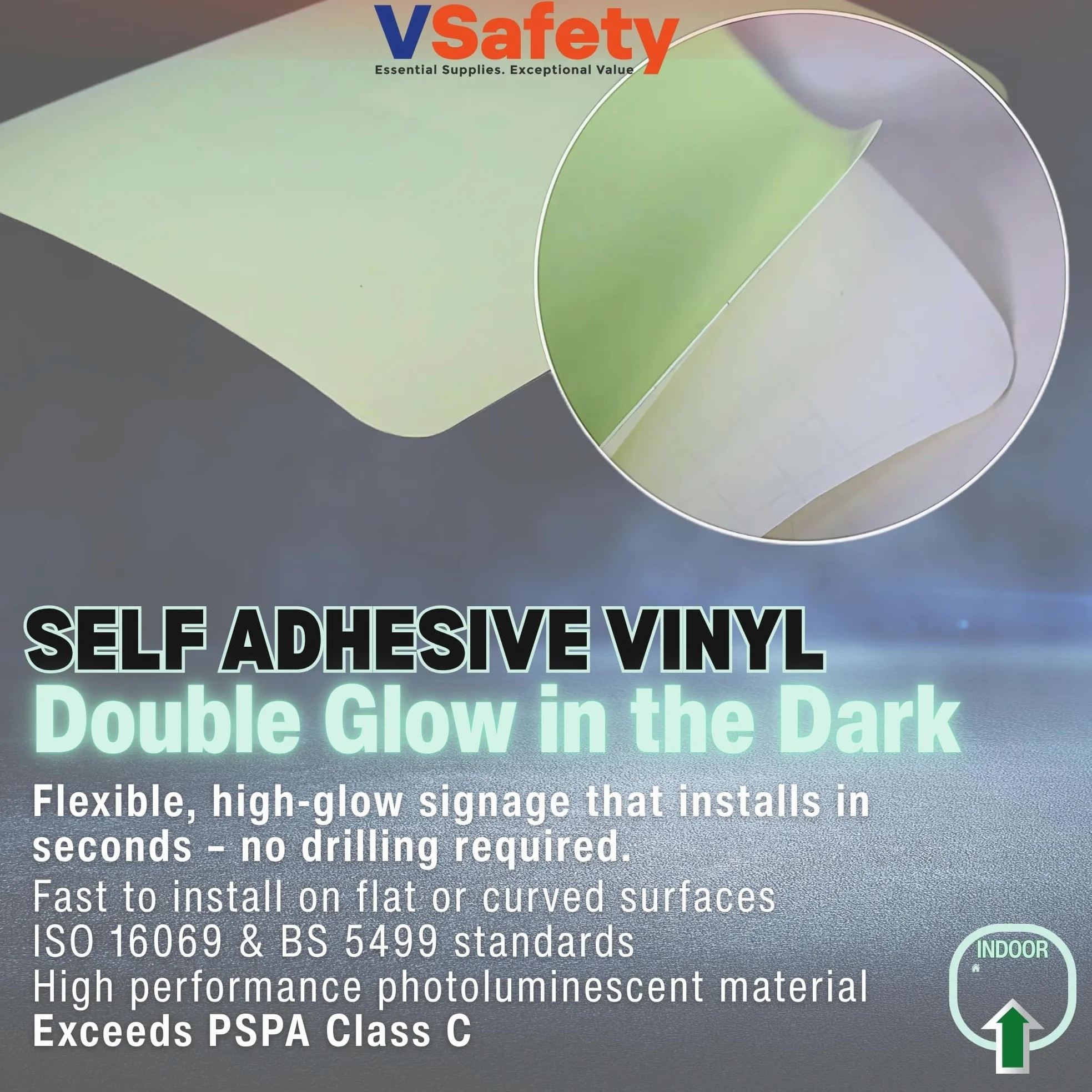 Cartello di sicurezza con scritta "V Safety Glow In The Dark Fire Assembly Point Arrow Up Left Sign – 600 x 200 mm – Realizzato in vinile autoadesivo a doppia luce – Segnaletica antincendio – Made in