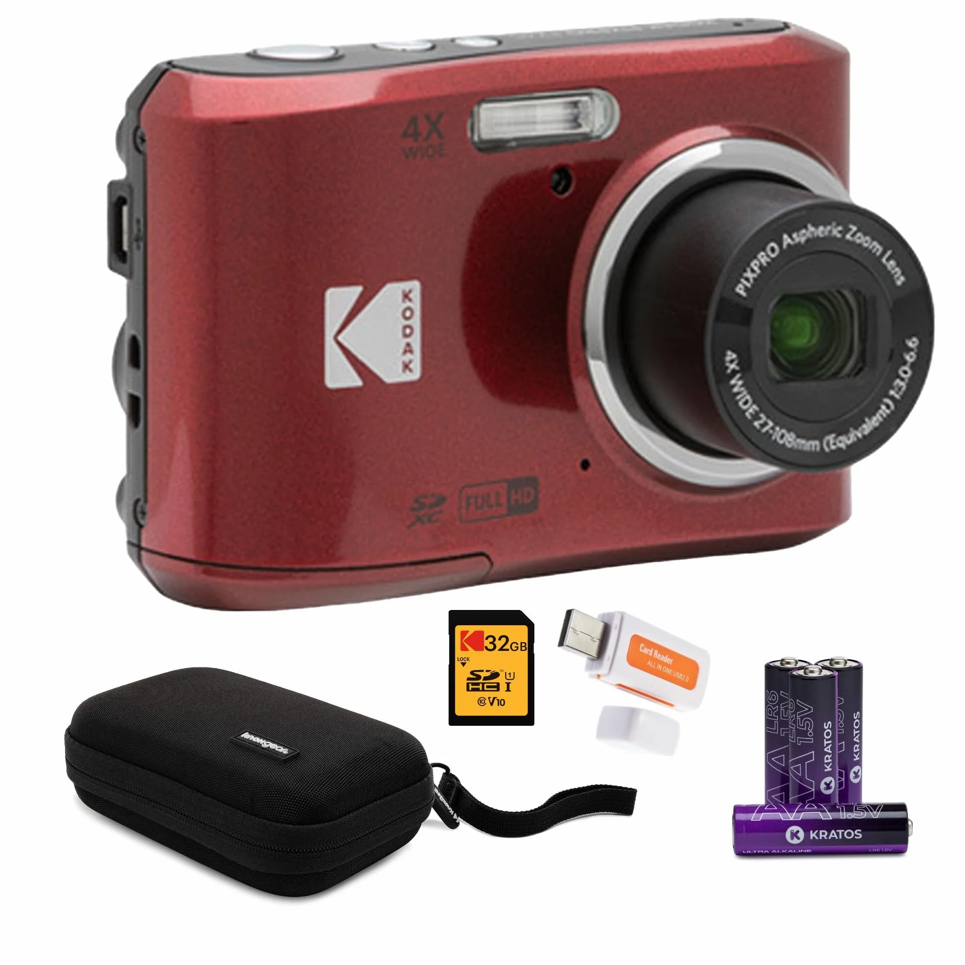 Kodak PIXPRO FZ45 - Fotocamera digitale con zoom amichevole (rosso) scheda memoria 32 GB, organizer viaggio e custodia, batterie alcaline e lettore SD (5 articoli)