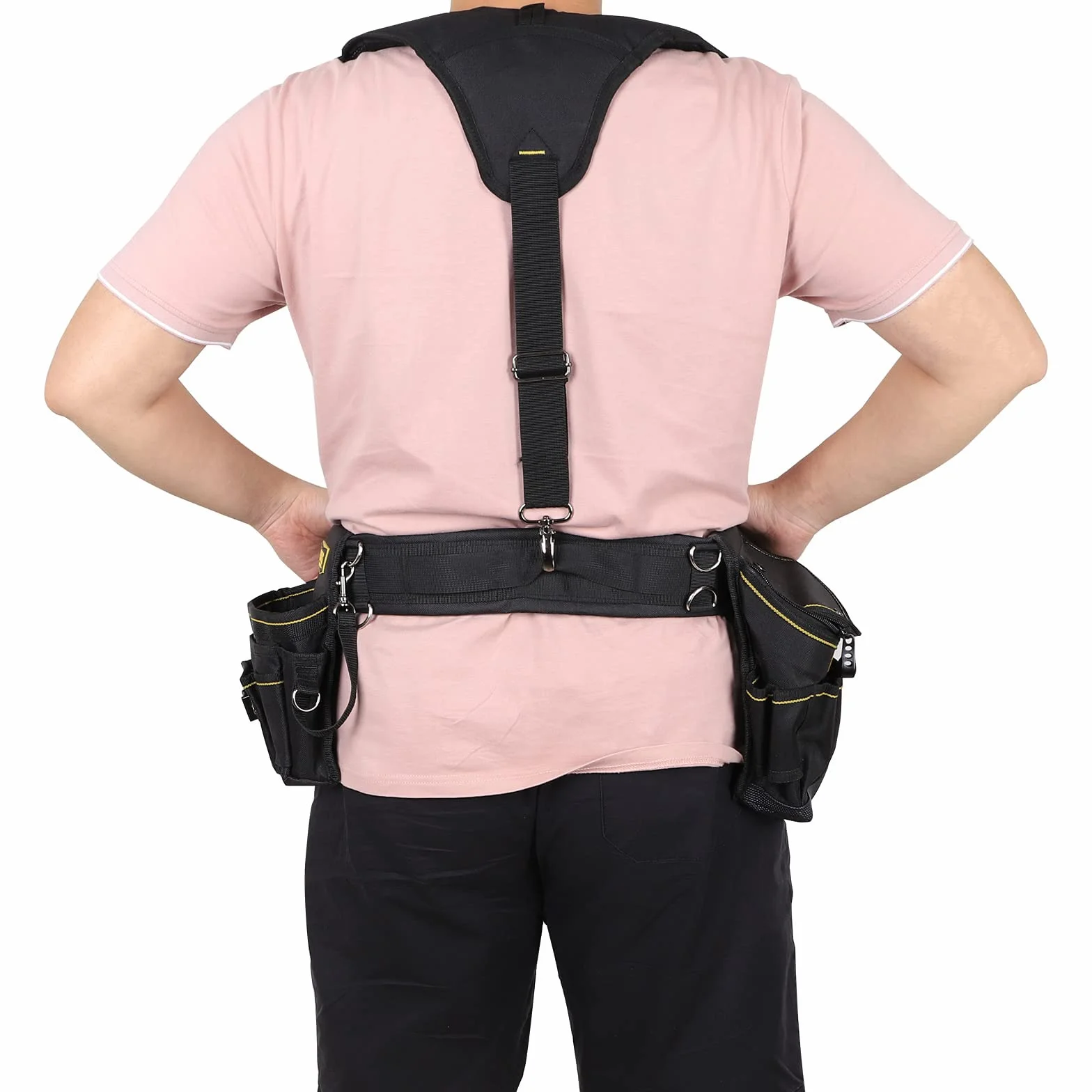 Bretelle per cintura degli attrezzi, resistenti, imbracatura imbottita per elettricisti con clip in metallo, design ad anello regolabile ed elastico